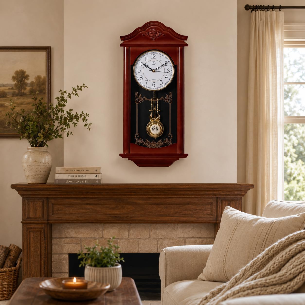 Clockswise Vintage Grandfather Wood - Looking Plastic Antique Pendulum Wall Clock for Living Room Décor