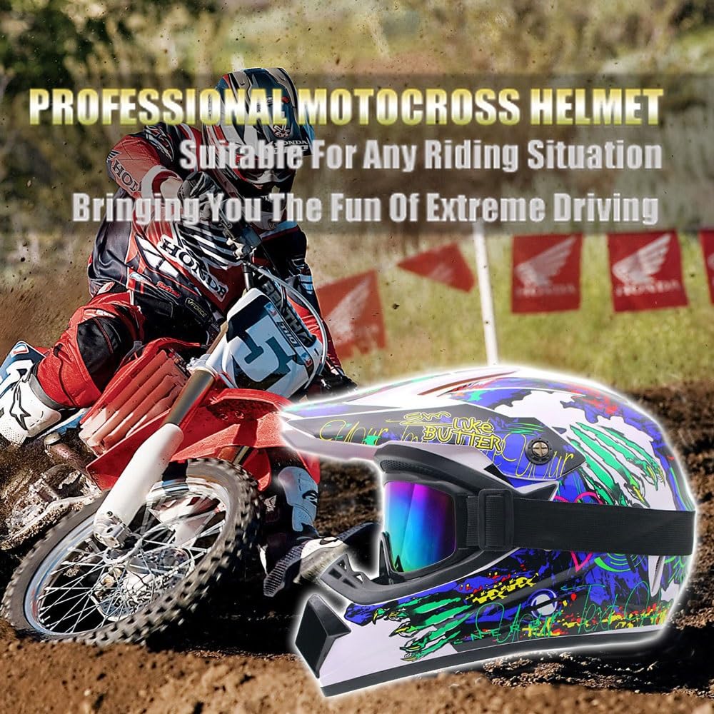 Casco da Moto Per Bambini E Adulti, MTB, Scooter, Downhill, Enduro, Set con Guanti, Occhiali E Maschera, Omologato DOT