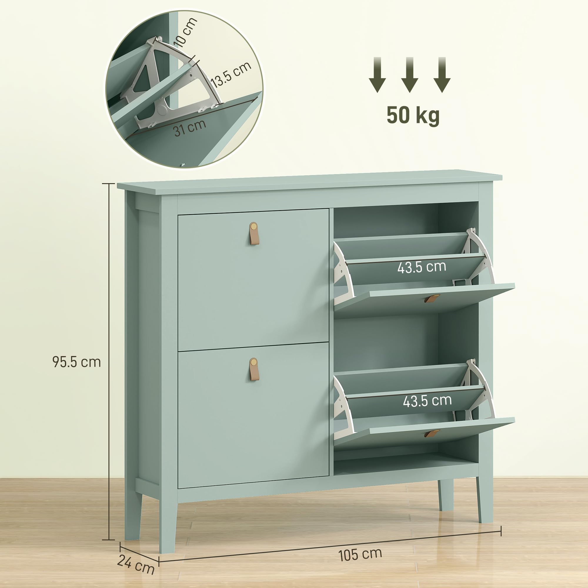 HOMCOM Scarpiera Salvaspazio Slim con 4 Ante a Ribalta, Scarpiera Ingresso con Ripiani Regolabili, Piano Superiore e Base Rialzata, Porta Scarpe per 20 Paia in Legno con Maniglia, 105x24x95.5cm, Verde