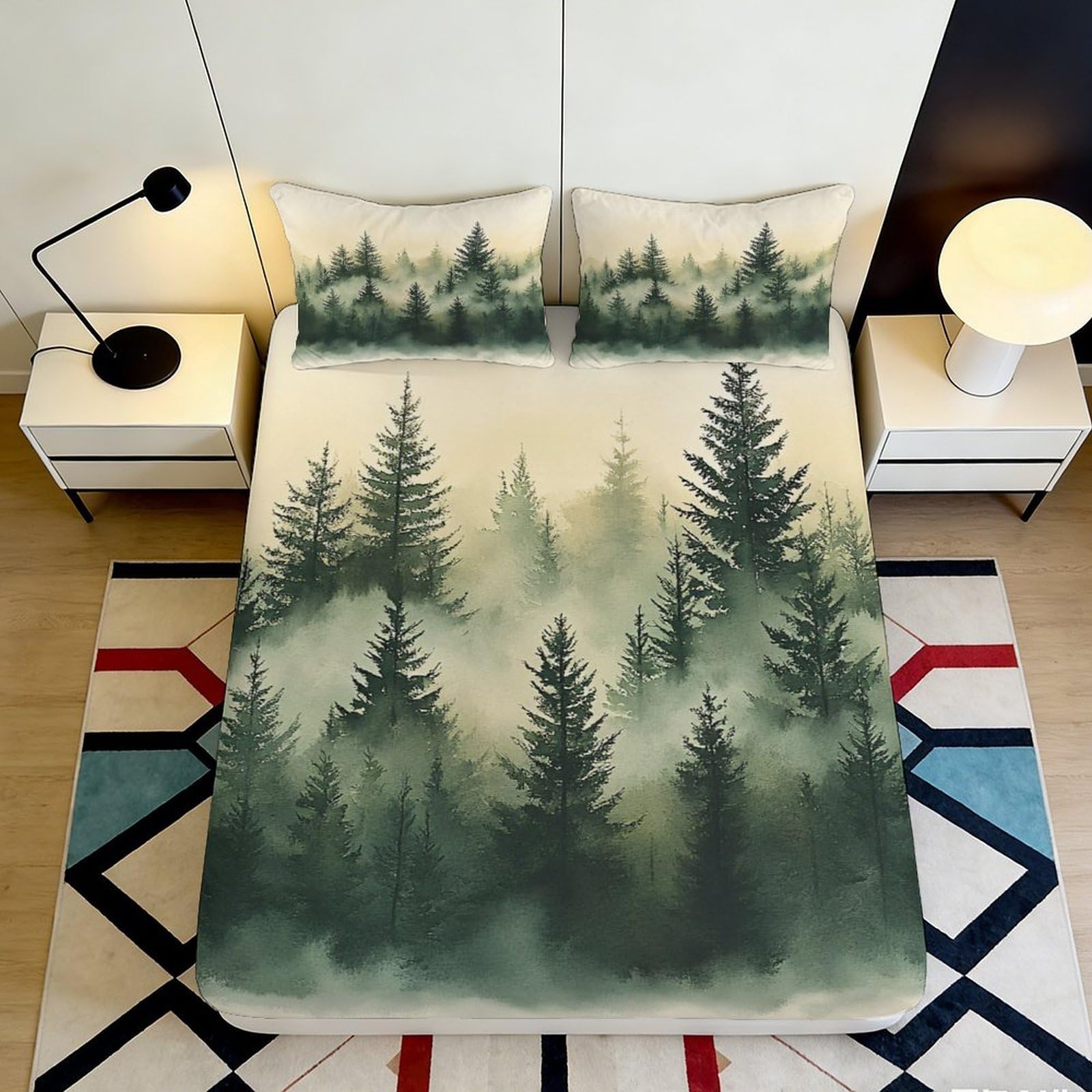 3D Printed Pine Forest Fitted Sheet Microfiber Soft Breathable Misty Woodland Mattress Cover for Bedroom Dorm Decor 140x200x25cm