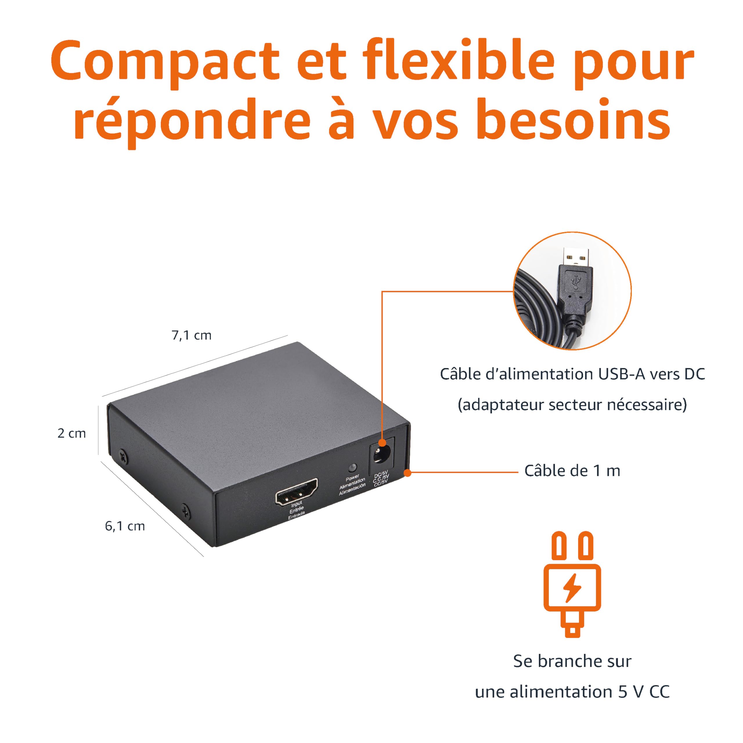 Amazon Basics Répartiteur HDMI 1 Entrée 2 Sorties 4K 30Hz Noir