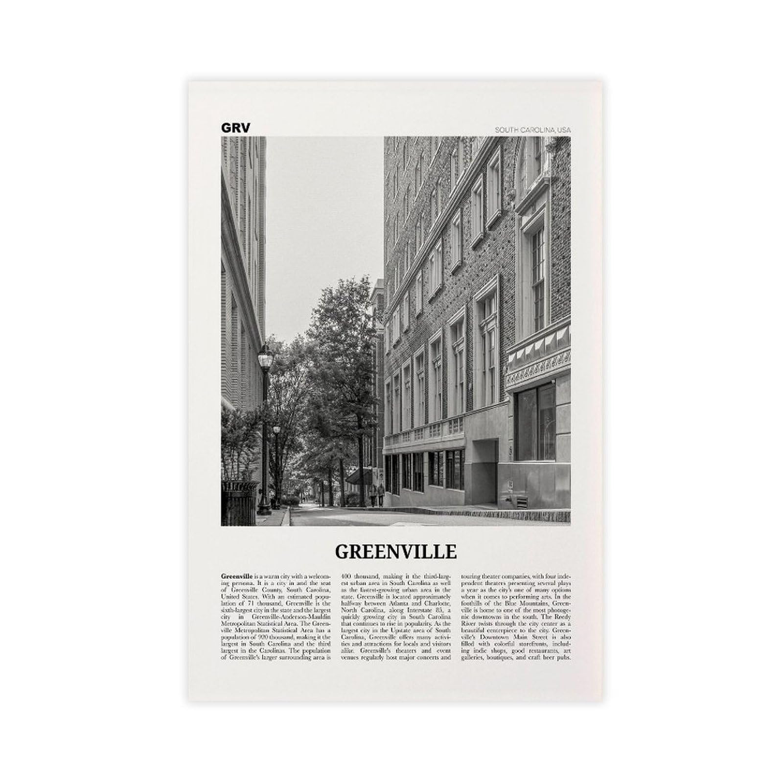 Greenville Print Black And White Street Wall Art Poster Photo South Carolina USA United States Canvas Art Poster And Wall Art Picture Print Modern Family Bedroom Decor Posters Unframe 12×18inch(30×45c