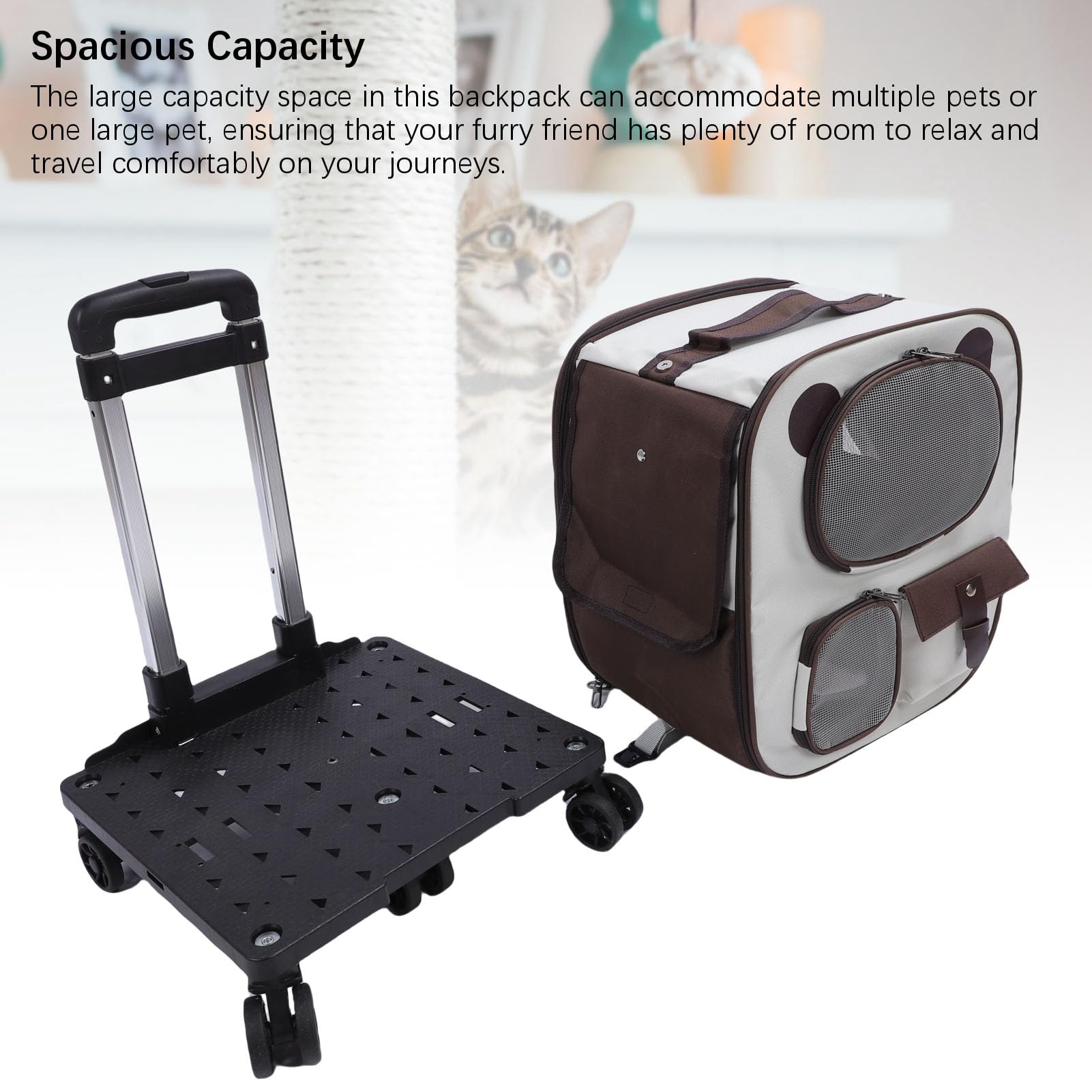 Mochila Transportín para Mascotas con Ruedas 2 en 1 Ventana Transpirable Bolsa Porta Perros con Ruedas Portátil de Gran Capacidad para Viajes en Avión Viajes por Carretera Tela (Marrón)