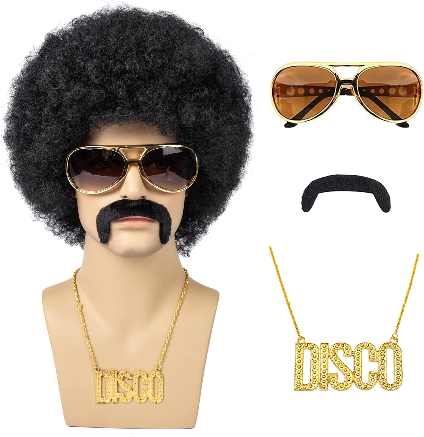 Afro Wig Men, 5pcs Set { Wig+ Glasses+ Necklace+ Mustache+