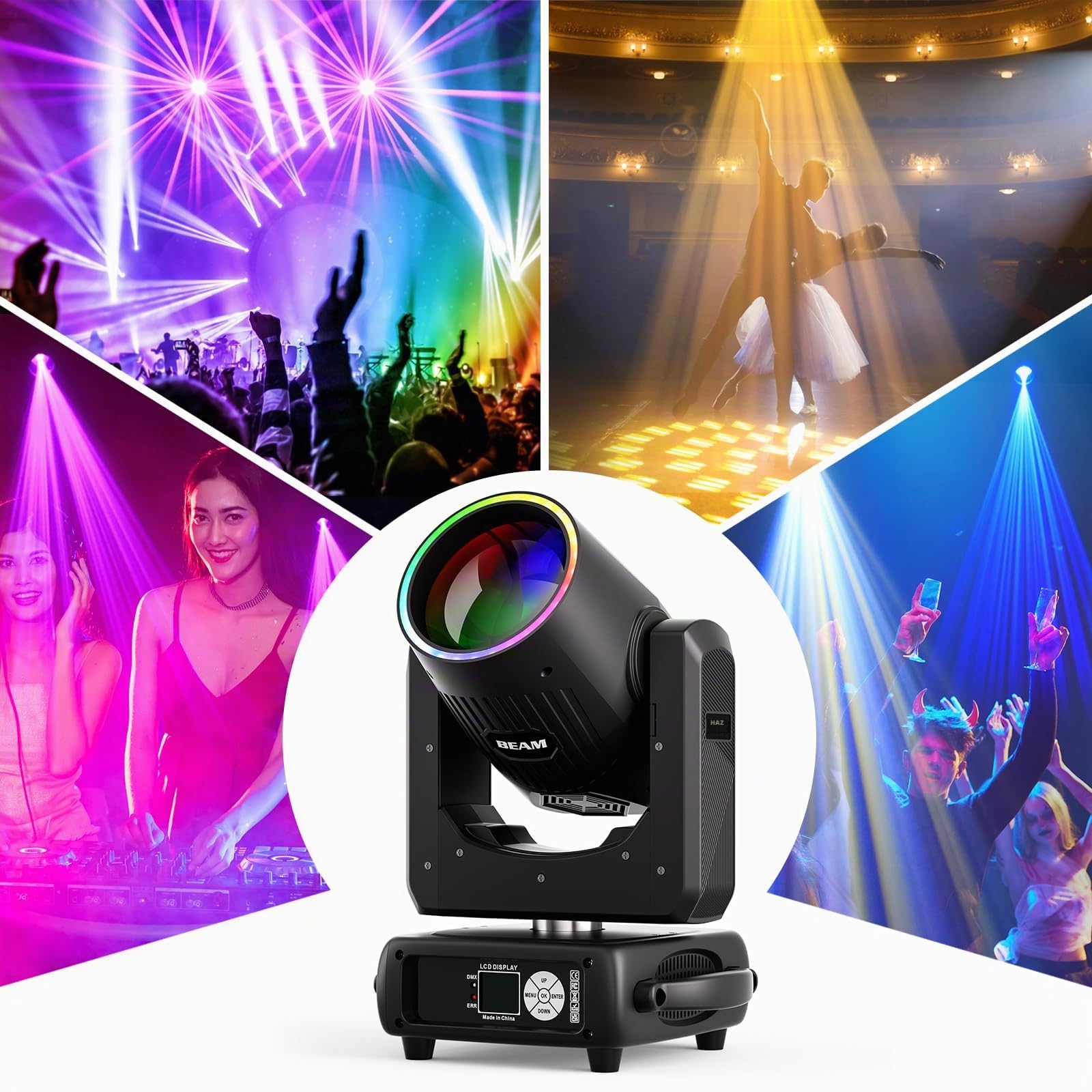 Cabeza Móvil LED 295W Beam Mini Iluminación de Escenario 14 Colores14 Gobos Prisma nebulización Foco Luces de Fiesta DMX512 para Halloween DJ bar cumpleaños discoteca