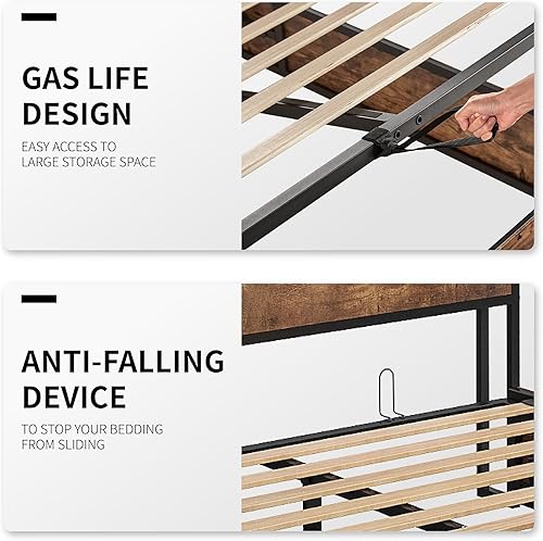 Miniatura 16 de Cama de almacenamiento elevable de tamaño matrimonial, marco de cama de plataforma de madera con cabecera de almacenamiento y estación de carga, no