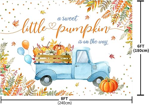 Miniatura 6 de MEHOFOND Telón de fondo de calabaza para baby shower, de 10 x 7 pies, con texto en inglés "A Sweet Little Pumpkin is On The Way", fondo azul para