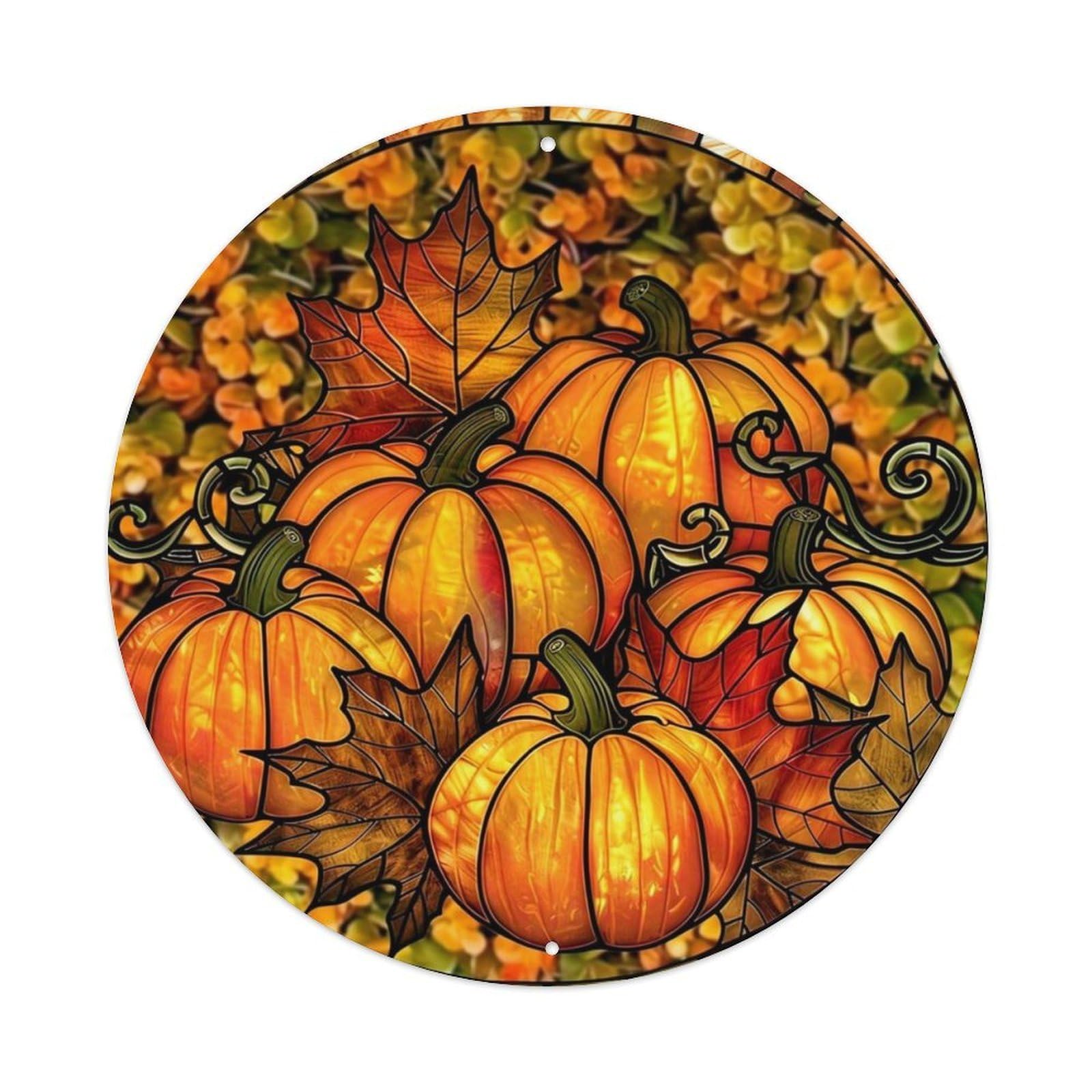 Autumn Pumpkins Stained Glass Pattern Metal Tin Sign Plaque