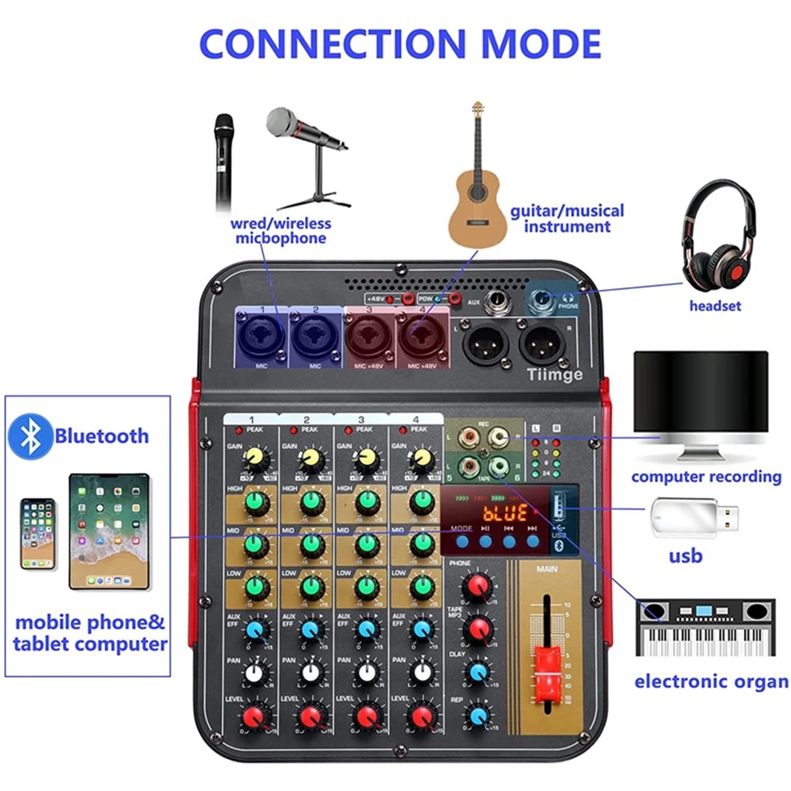 Controlador de DJ, Mezclador de Audio 6 canales, for conferencias al aire libre, USB, procesador con reverberación, cantar en vivo tarjeta sonido(Plug)