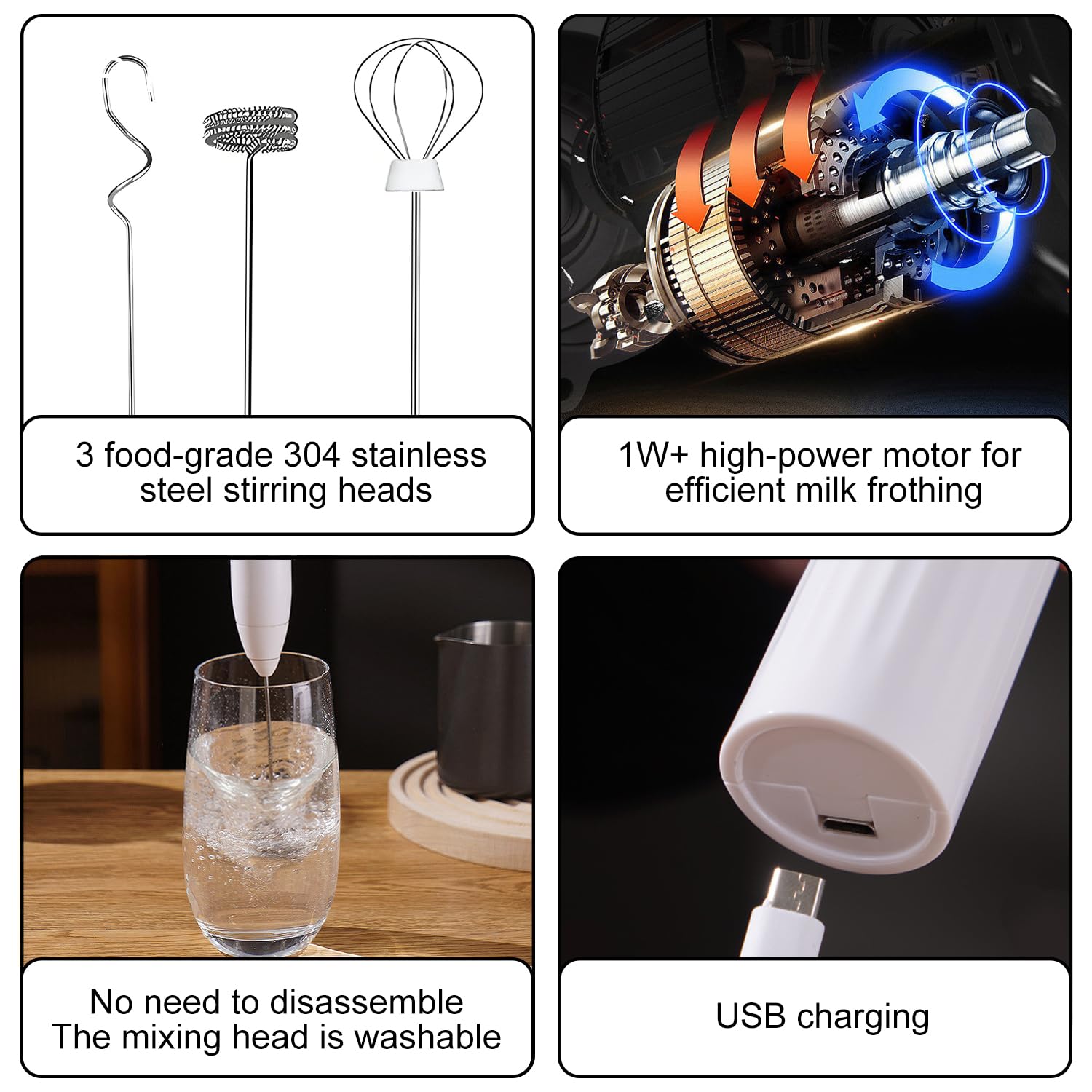 Montalatte Elettrico USB Ricaricabile, Frusta Acciaio Inossidabile 3 Velocità Regolabile, Cappuccinatore Elettrico per Latte per Caffè, Latte, Cappuccino, Bianca