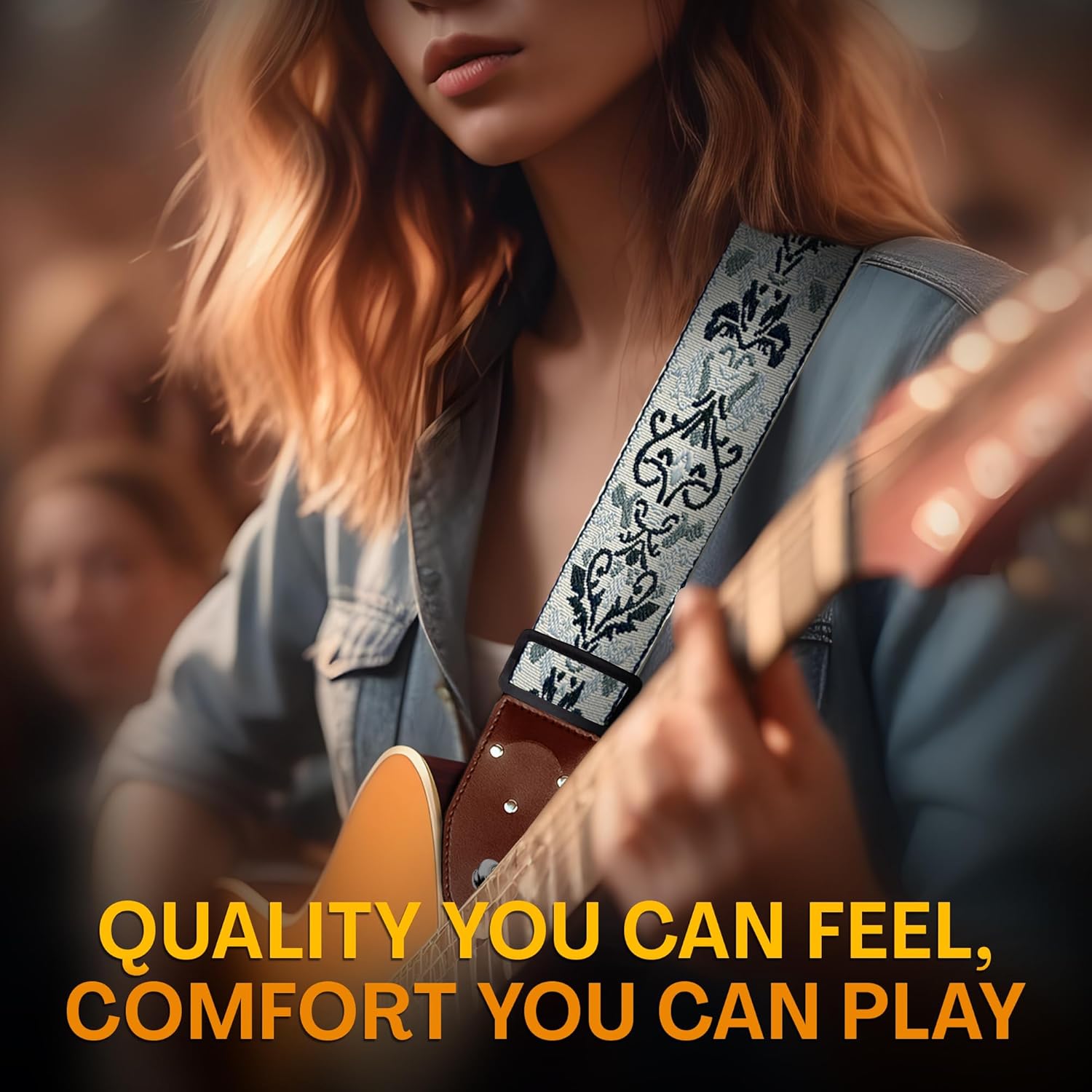 Guitar Strap For Acoustic, Electric and Bass Guitars, Adjustable Strap Includes 2 Strap Locks To Keep It Safe & 2 Unique Picks and Pick Pocket, Best Gift for Men & Women