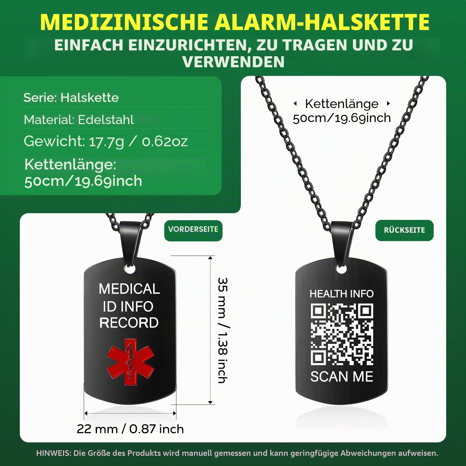 Medizinische Alert Halskette für Männer Frauen,19'' Kette graviert QR Code Medizinische ID Halskette für mehr Raum Benutzerdefinierte Online Notfall medizinische Info