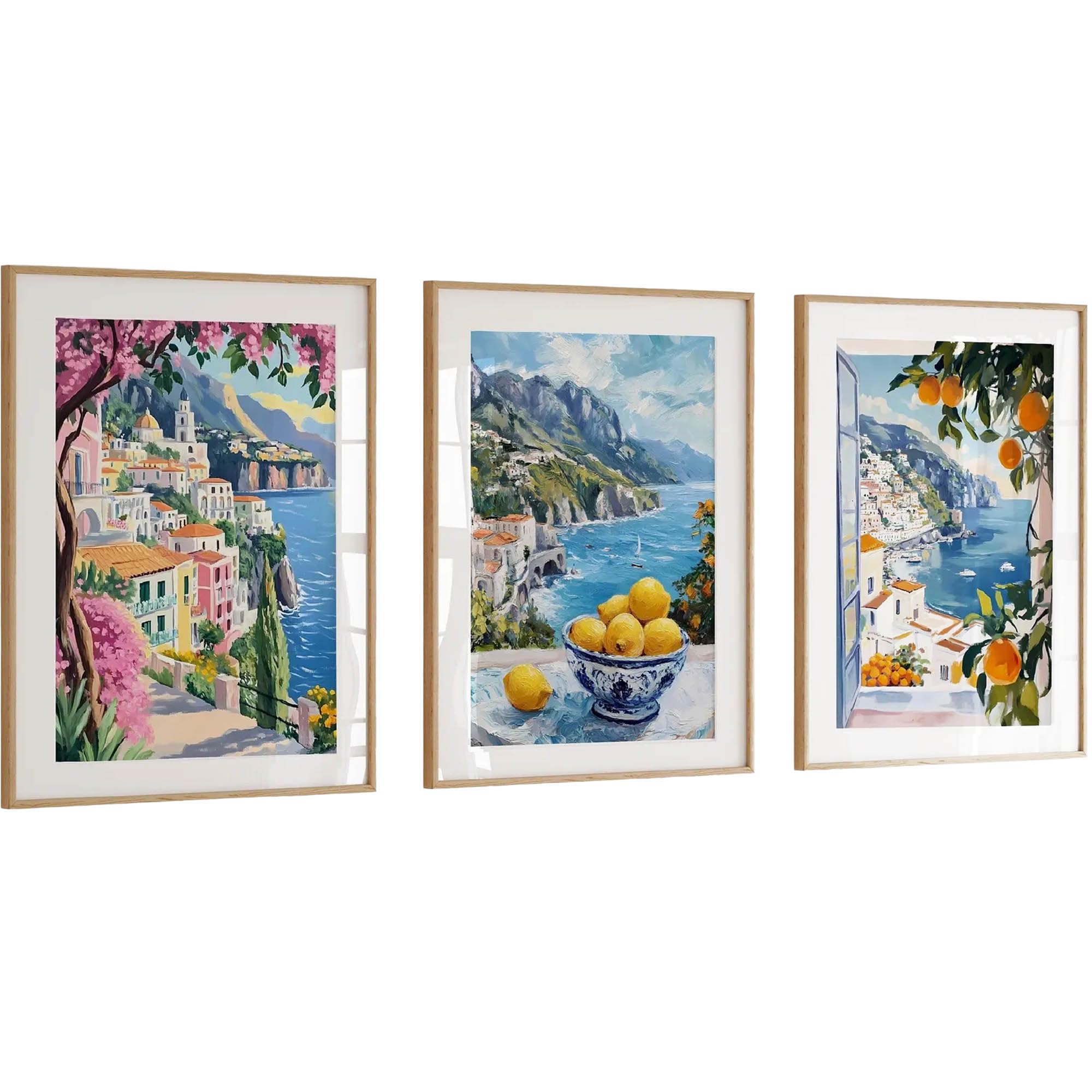 CozyPrints Set di 3 stampe artistiche da parete della Costiera Amalfitana, poster con paesaggio mediterraneo senza cornice, vivace paesaggio italiano, decorazione per la casa botanica di limone e