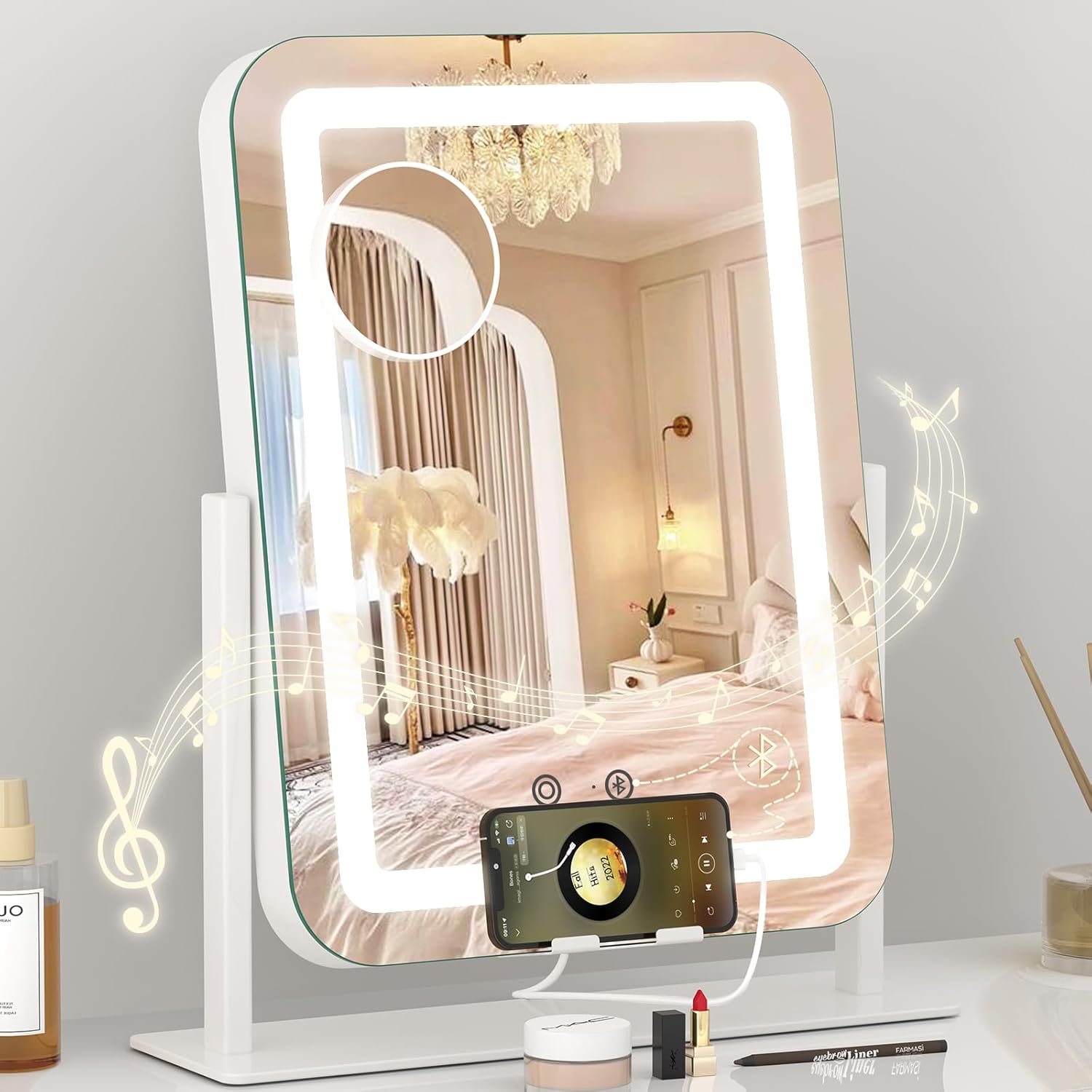 Dripex LED Lighted Makeup Mirror with 12V 2A USB Charging Port Bluetooth Speaker 3 Colors Dimmable 15"x12" Vanity Mirror with Lights Touch Keys Phone Holder 10X Magnification for Vanity Desk White-usb Charging-bt Speaker 15"L x 12"W
