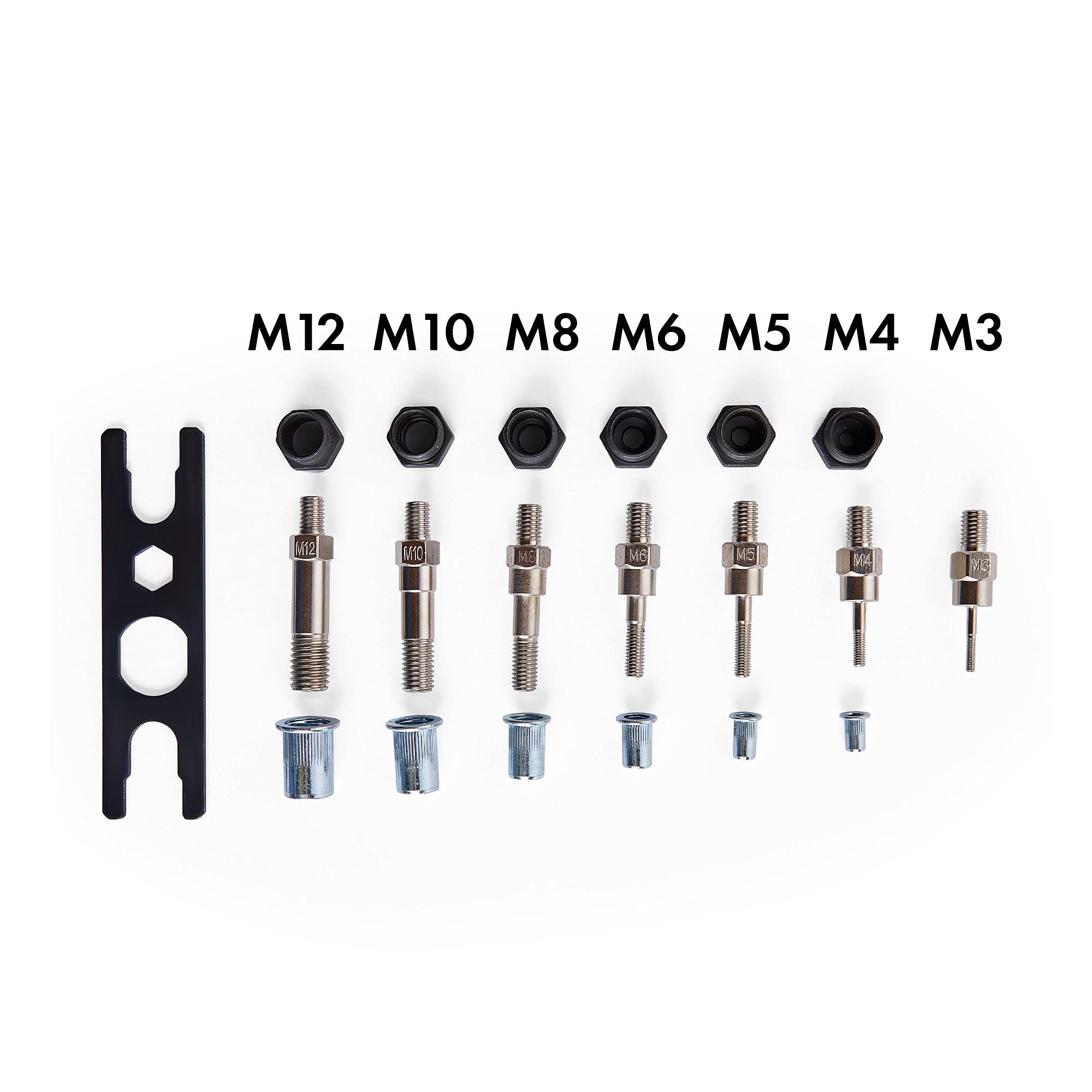 VonHaus Nietmutterzange Set inkl. 150 Nietmuttern, 30 cm Hand Nietwerkzeug, Doppelgriff Nietpistole mit 7 Austauschbare Dorne Metrische M3 M4 M5 M6 M8 M10 M12, Gewindenieten Zange Set mit Koffer