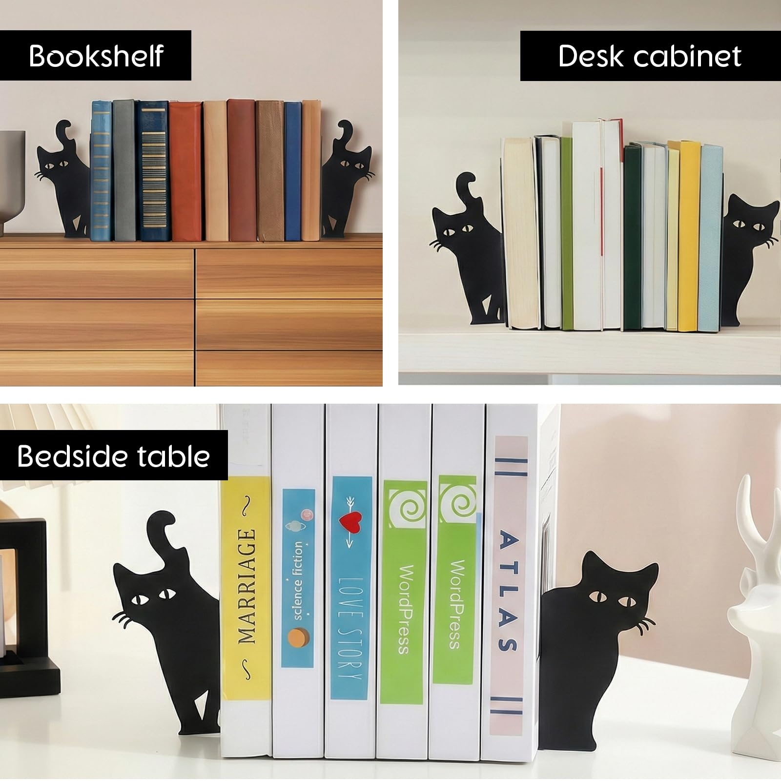 Spähende Katze Metal Metálica Set de sujetalibros con 2 Estilos, Sujetalibros para estantes, Sujetalibros Decorativos para Escritorio de Oficina en casa, Regalo para Amantes de Gatos y