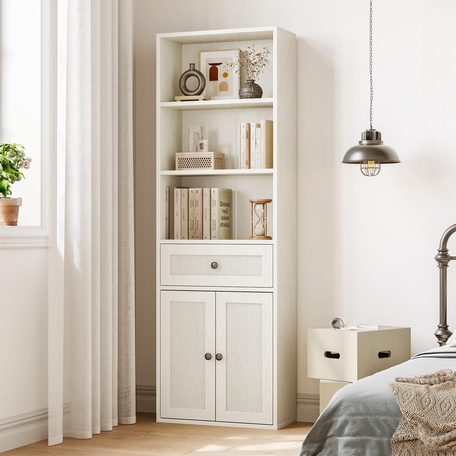 Coleshome Bibliothèque 5 Niveaux avec Portes, Cabinet et Tiroirs, Bibliothèque Meuble de Rangement Haute pour Salon, Bureau, Chambre, Blanc, 48 x 24 x 164.2