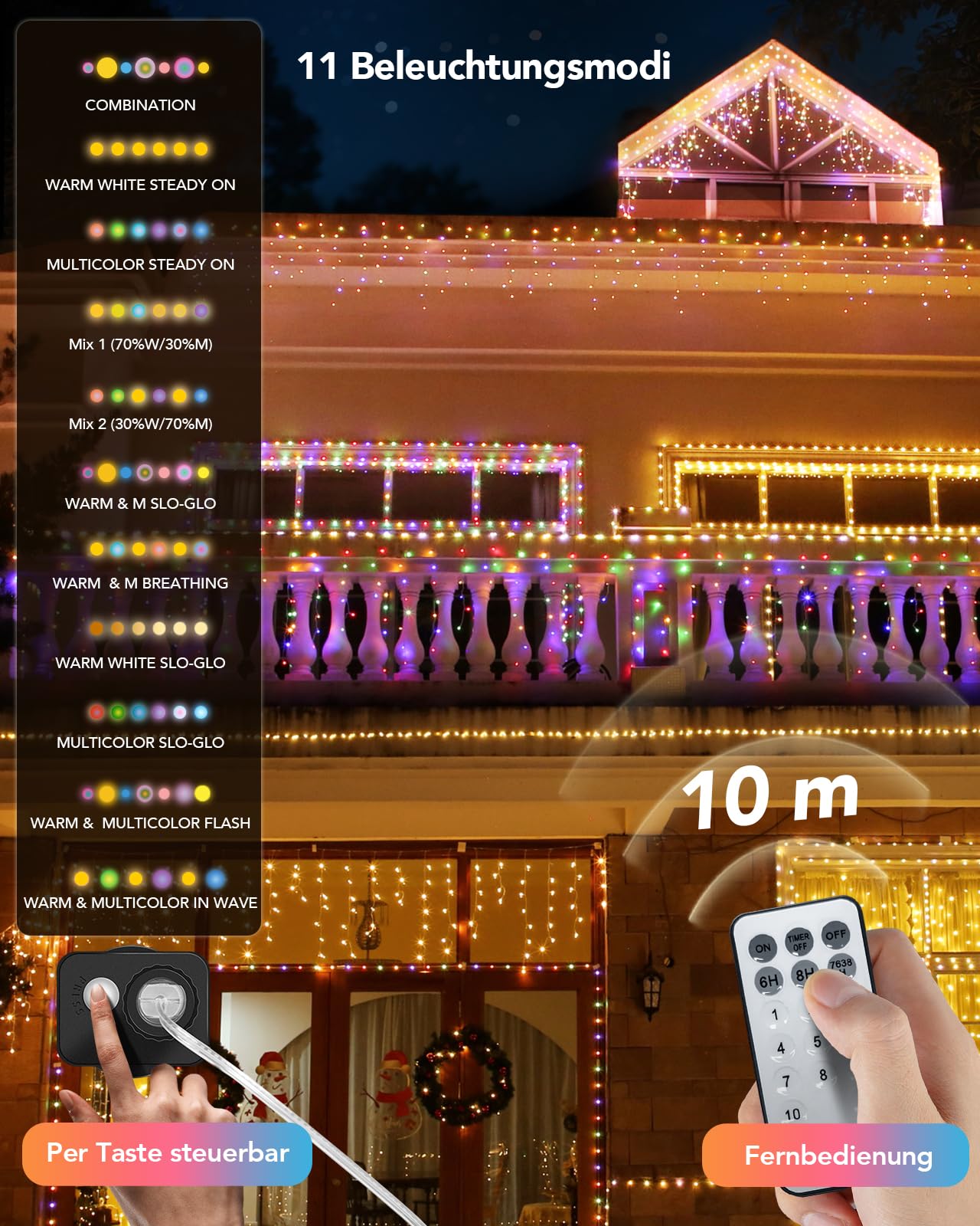 Lichterkette Eisregen Außen, 10M 400 LEDs Lichtervorhang mit Fernbedienung, Wasserfest 11 Modi für Außen und Innen, Outdoor Garten Balkon Hochzeit Party, Warmweiß & Bunt, Farbwechsel