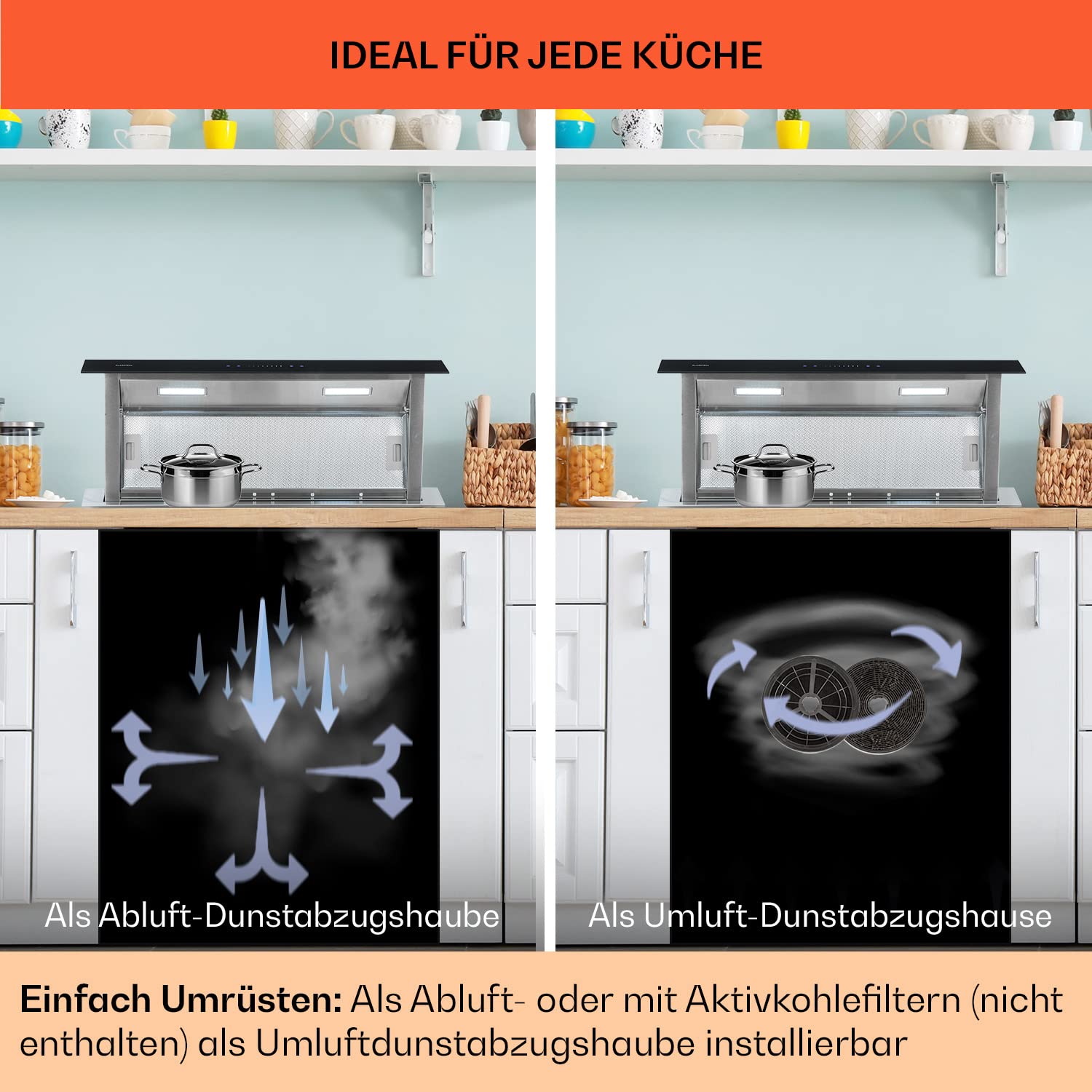 Klarstein Downdraft-Dunstabzugshaube, Versenkbare Abzugshaube, Leise Dunstabzugshauben mit Filter, Dunstabzugshaube 60cm, Umluft/Abluft Dunsthaube mit 10 Modi, Dunstabzug 507 m³/h Luftstrom