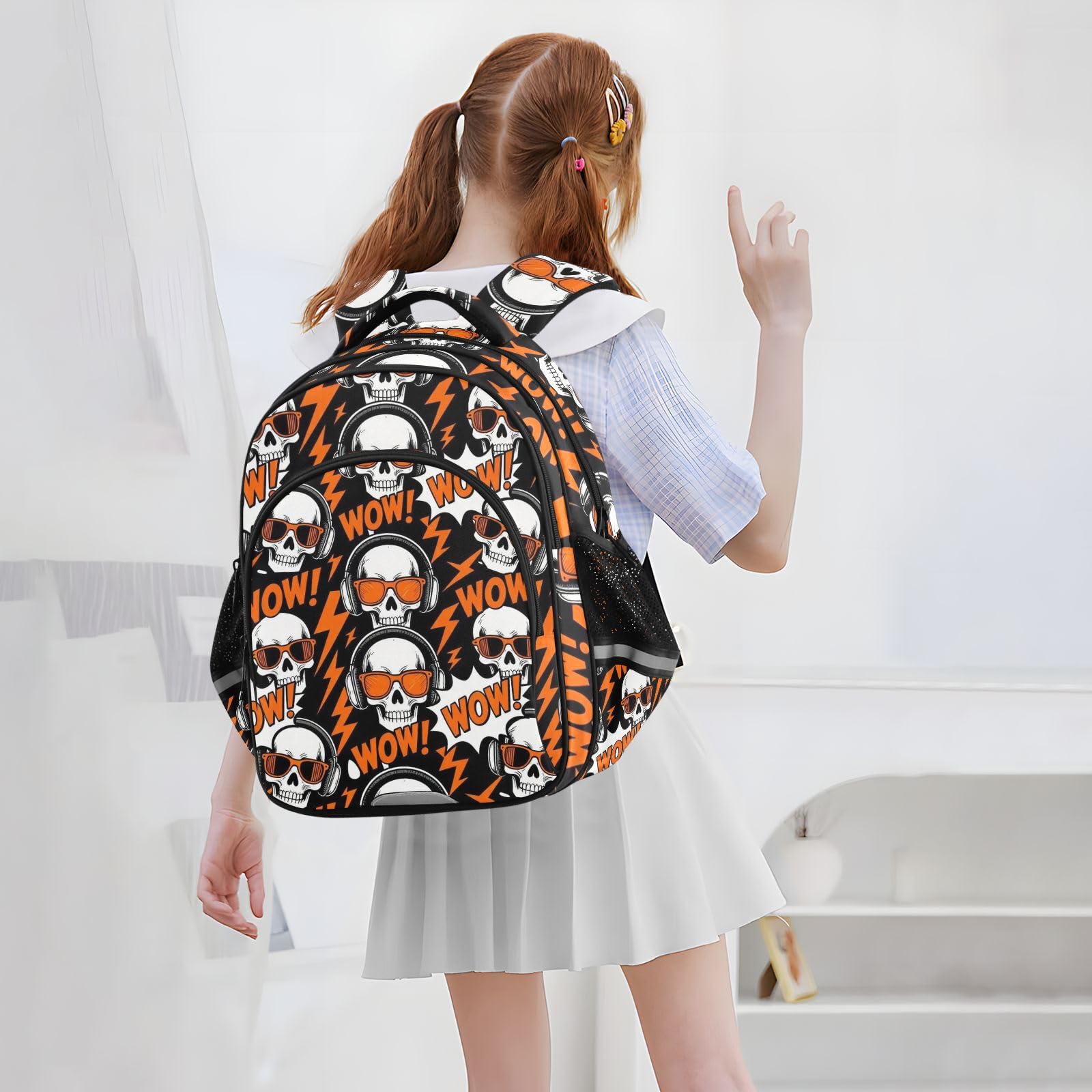 KLL Mochila escolar para niños y niñas, bolsa de guardería, mochila de viaje para niños, diseño de calavera, gafas de sol, música rock, naranja