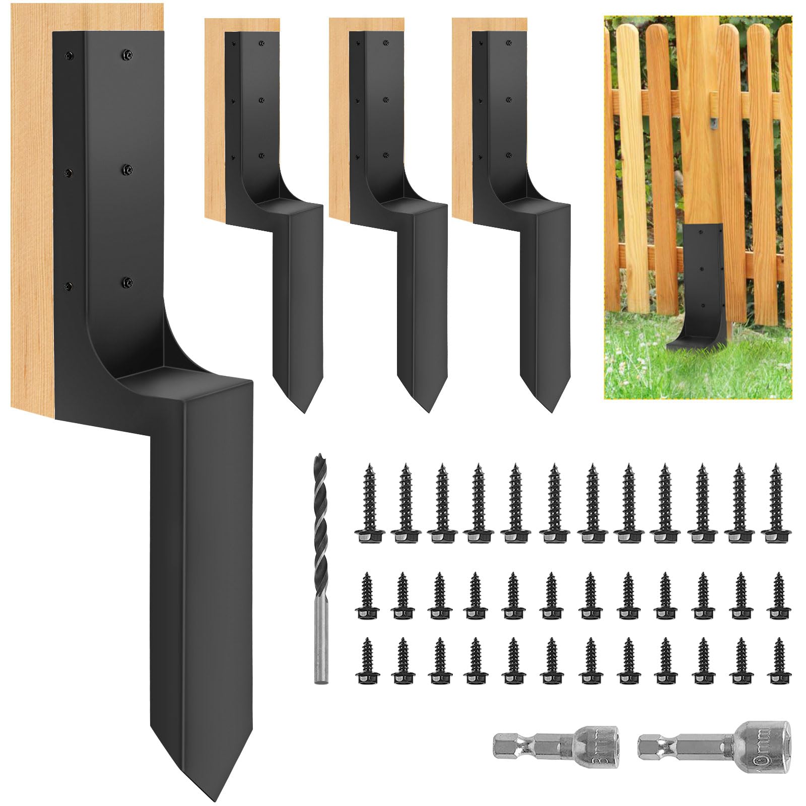 Uranshin Heavy-Duty Steel Fence Post Repair Kit,Fence Post Repair Stakes Anchor Ground Spike Fence Post Repair Brackets for Repairing Broken Wooden Fence Posts (Black - 4 Pack)