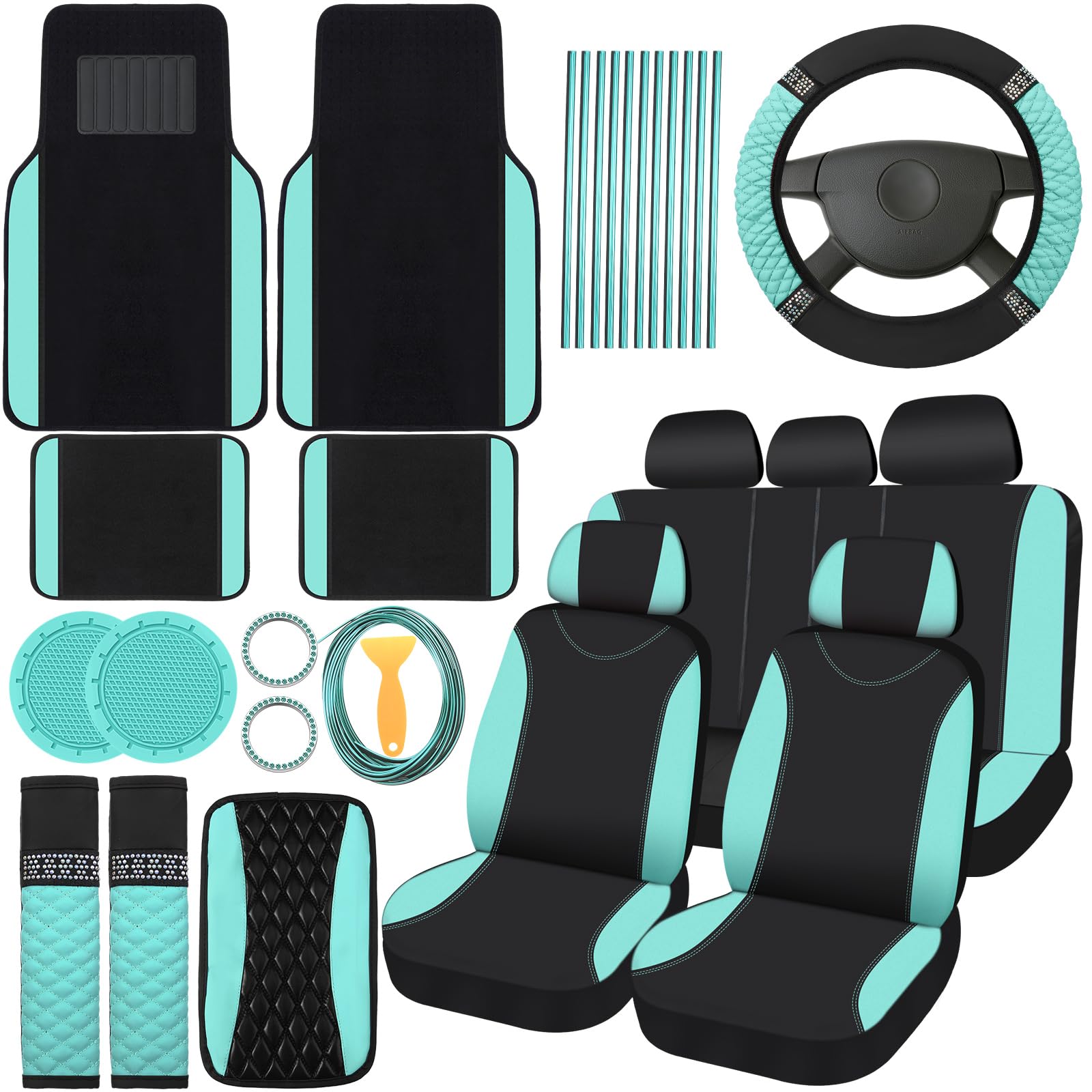 BBTO 43 Pcs Bling Car Accessories Set for Women Front Seats and Rear Bench Polyester Car Seat Protectors