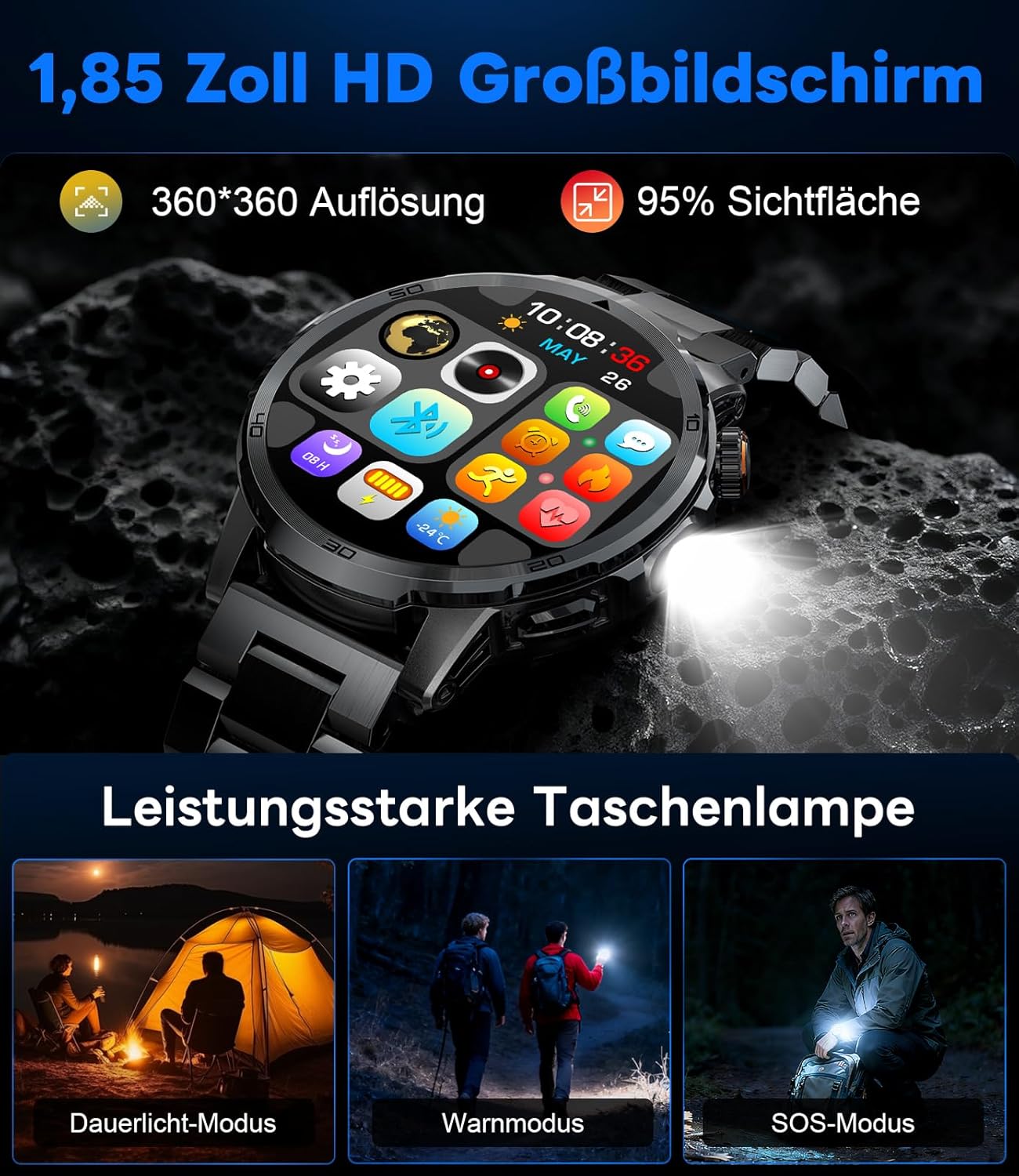 LIGE EF19-A Smartwatch with 1.85 inch HD display and powerful flashlight function