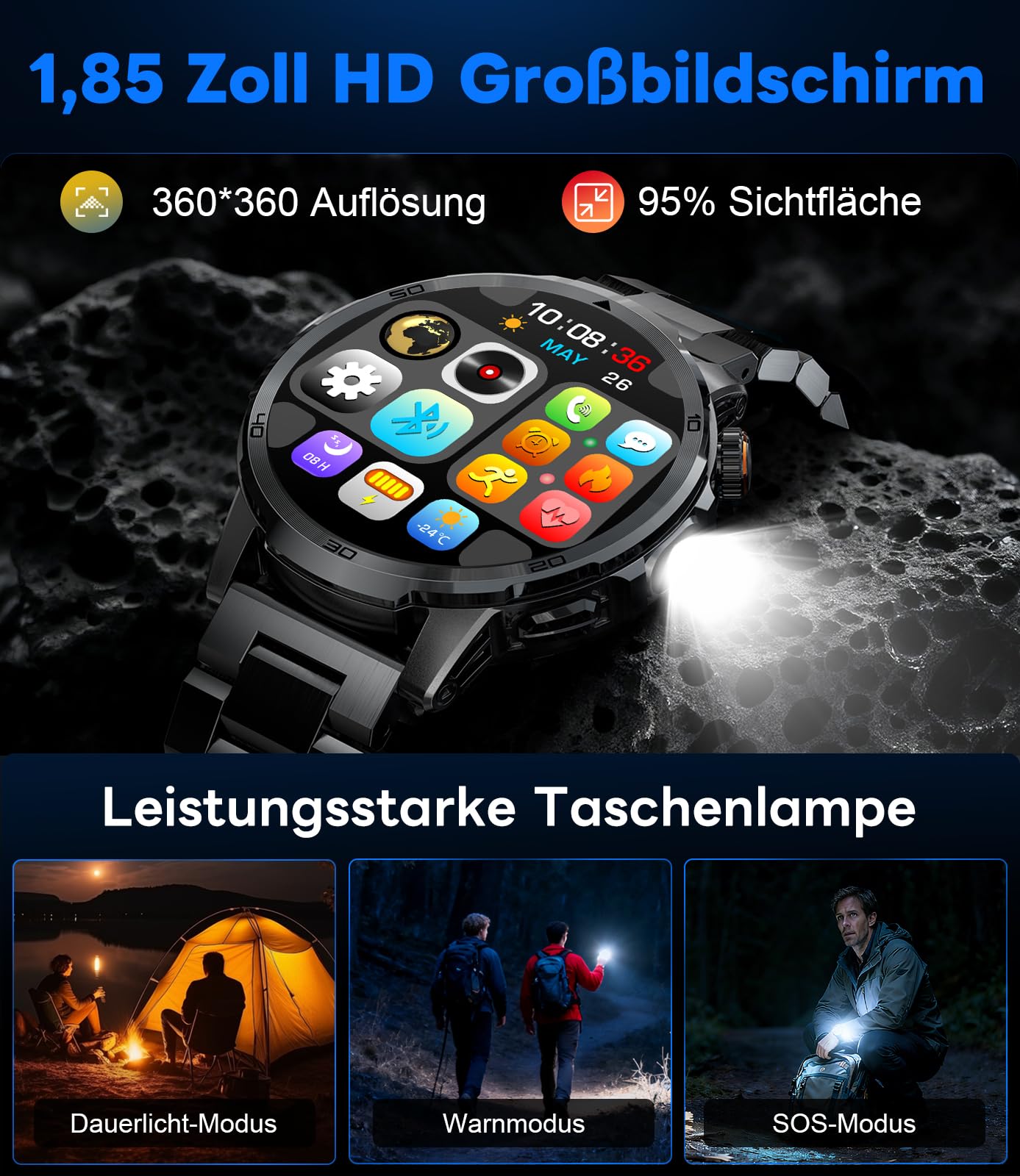 Smartwatch Herren mit 1000 mAh, 1,85" HD Großes Touchscreen Militär Uhr Smartwatch mit LED Licht, Telefonfunktion, Herzfrequenz, Schlafmonitor, IP68, 110+Sportmodi Fitnessuhr für iOS/Android