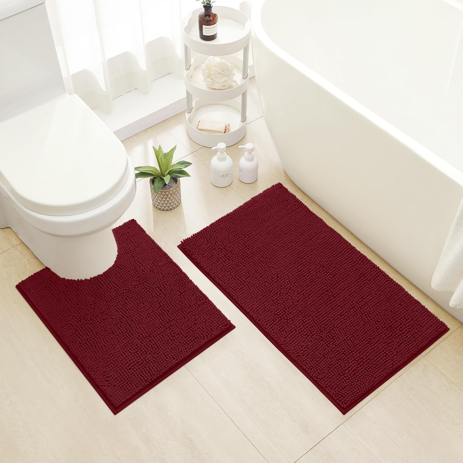 HOMEIDEAS Bathroom Rugs Set 2 Pieces, Ultra Soft Non Slip Absorbent Chenille Toilet Bath Mat Set (Burgundy)