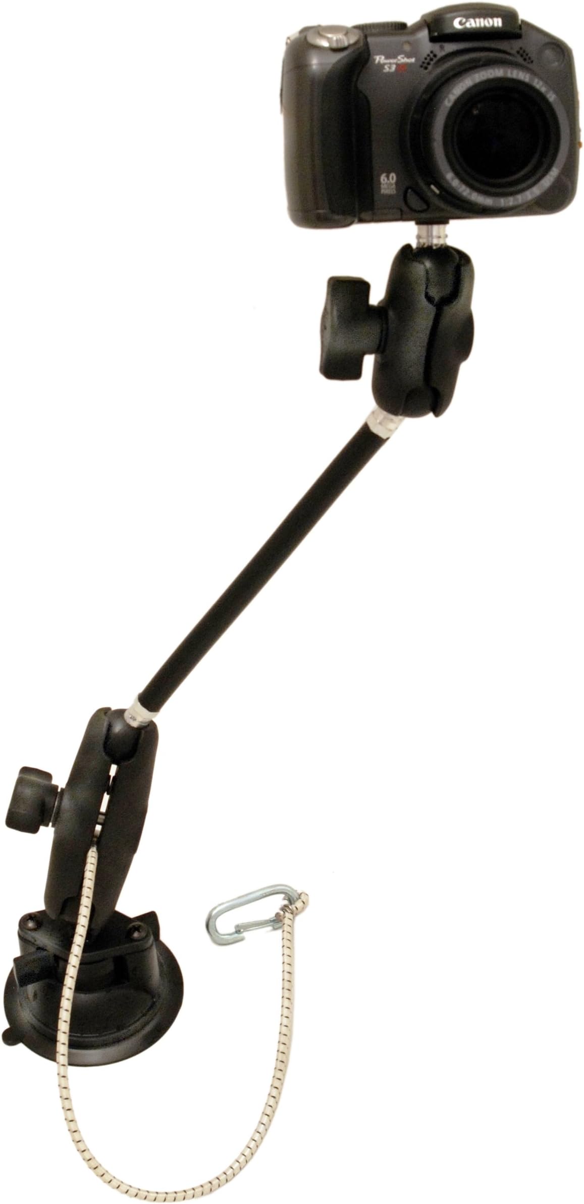 Kayalu Gear Locking Suction Camera Mount with Toughbar Extension Arm | 100% marine-grade materials | Industrial quality RAM Mounts Hardware | EPDM camera bushing | Nylon-coated bungee tether | Steel breech clip | Ships tested, assembled | Portable for boat, kayak, car & truck.