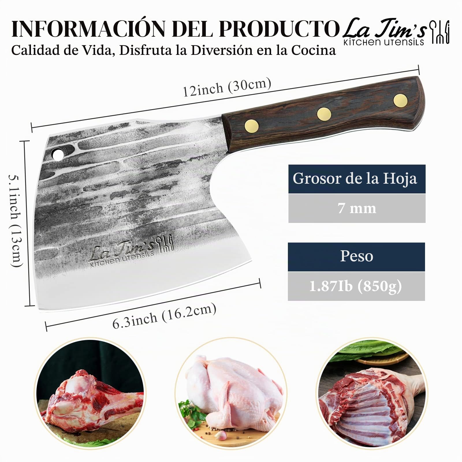 LA TIM'S Cuchillo de carnicero, cuchillo de 0.85 Kg para trabajo pesado con acero forjado a mano con alto contenido de carbono, cuchillo de carnicero para cortar huesos, mango de madera maciza