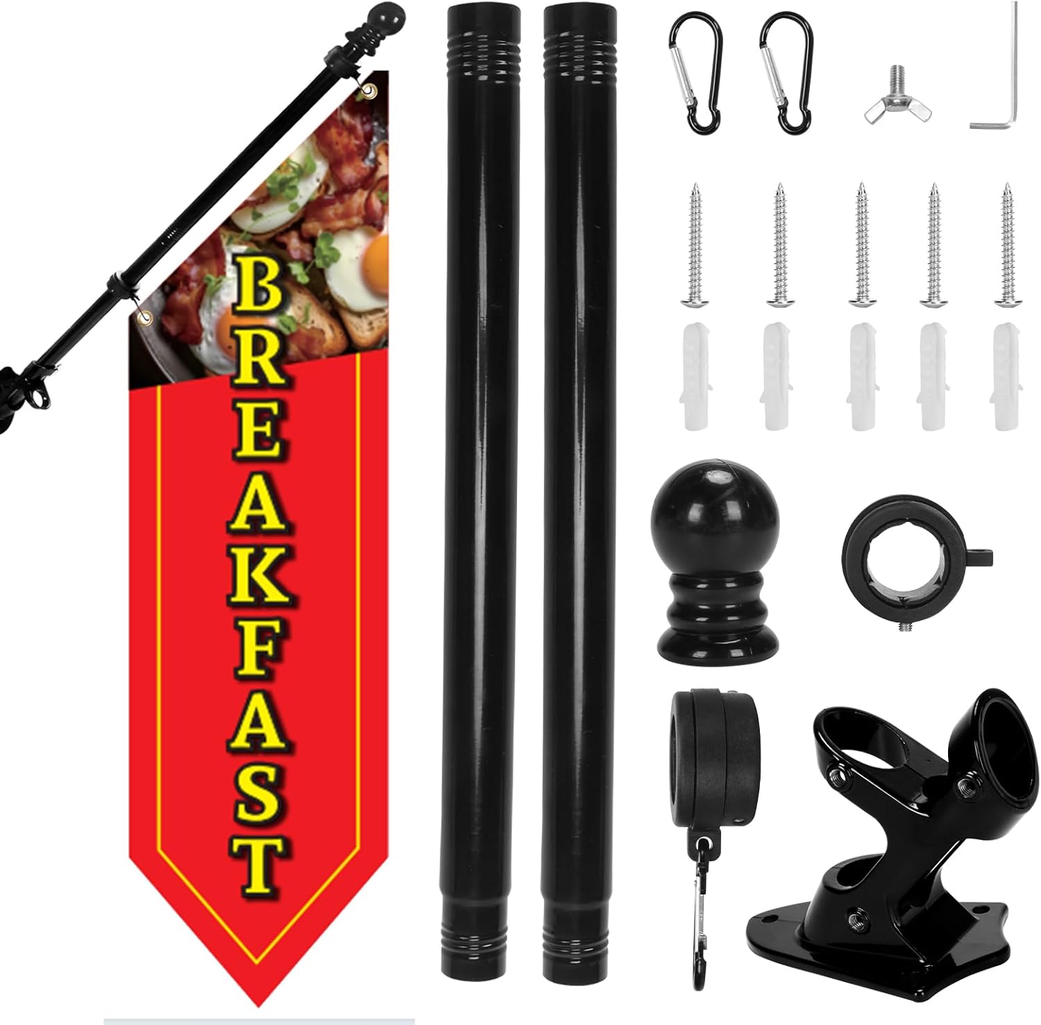 Heavy-Duty Double-Sided Breakfast Flag Banner Kit – 42x12 inch Outdoor Canvas Sign with Pole & Metal Bracket for Restaurant, Café, Food Truck, Storefront Advertising