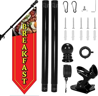 Heavy-Duty Double-Sided Breakfast Flag Banner Kit – 42x12 inch Outdoor Canvas Sign with Pole & Metal Bracket for Restaurant, Café, Food Truck, Storefront Advertising