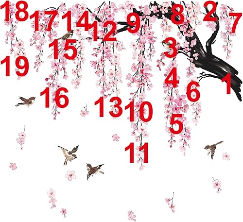 Miniatura 6 de wondever Calcomanías de pared de ramas de árbol de flores grandes, flores de cerezo rosa, pájaros florales, calcomanías artísticas para pared de