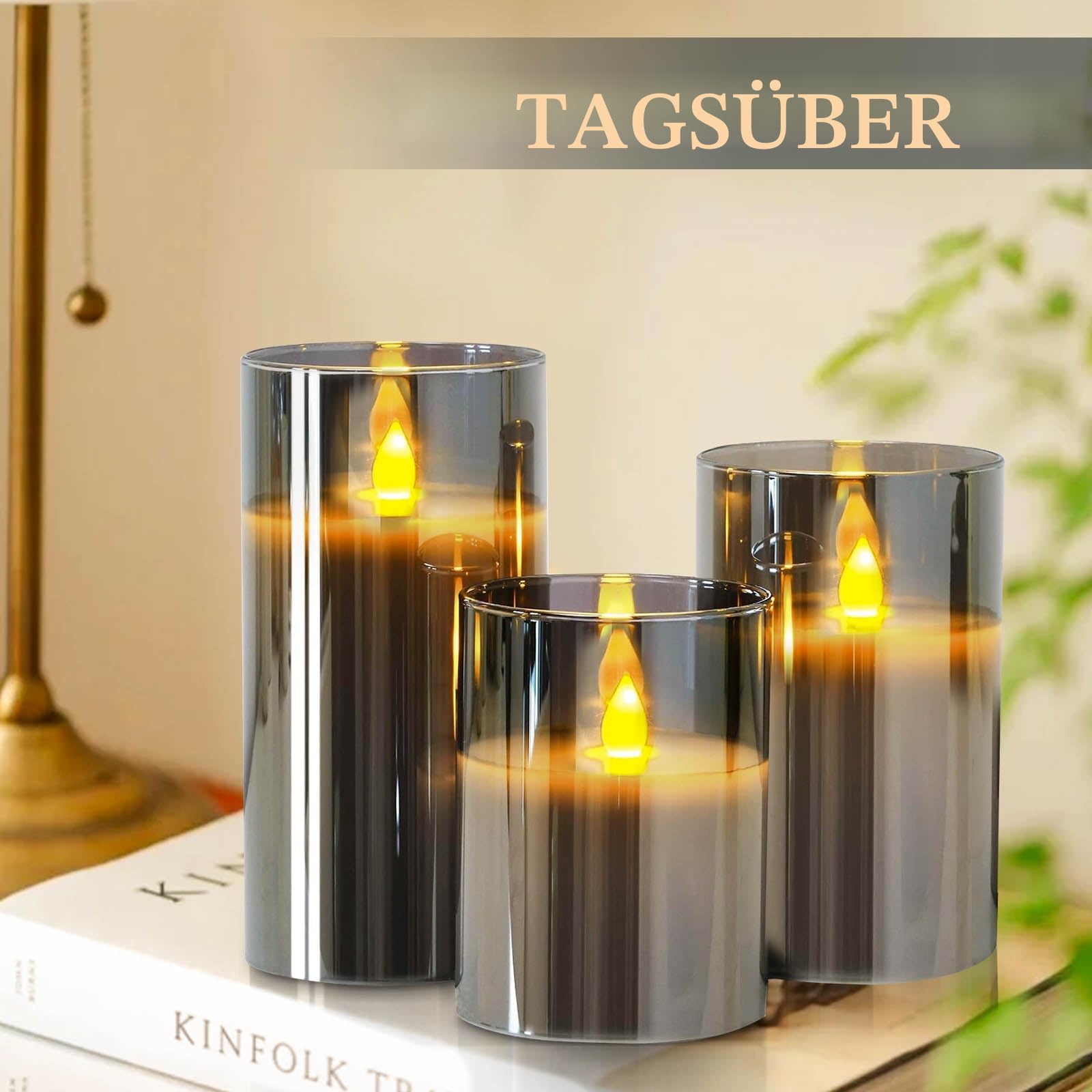 Yinuo Mirror Led Kerzen mit Timerfunktion, Flackernde Flamme, mit Fernbedienung, Bad Deko, Deko Wohnzimmer, Tischdeko Wohnzimmer, Größe 10/12,5/15cm Hoch, 7,5 cm Durchmesser