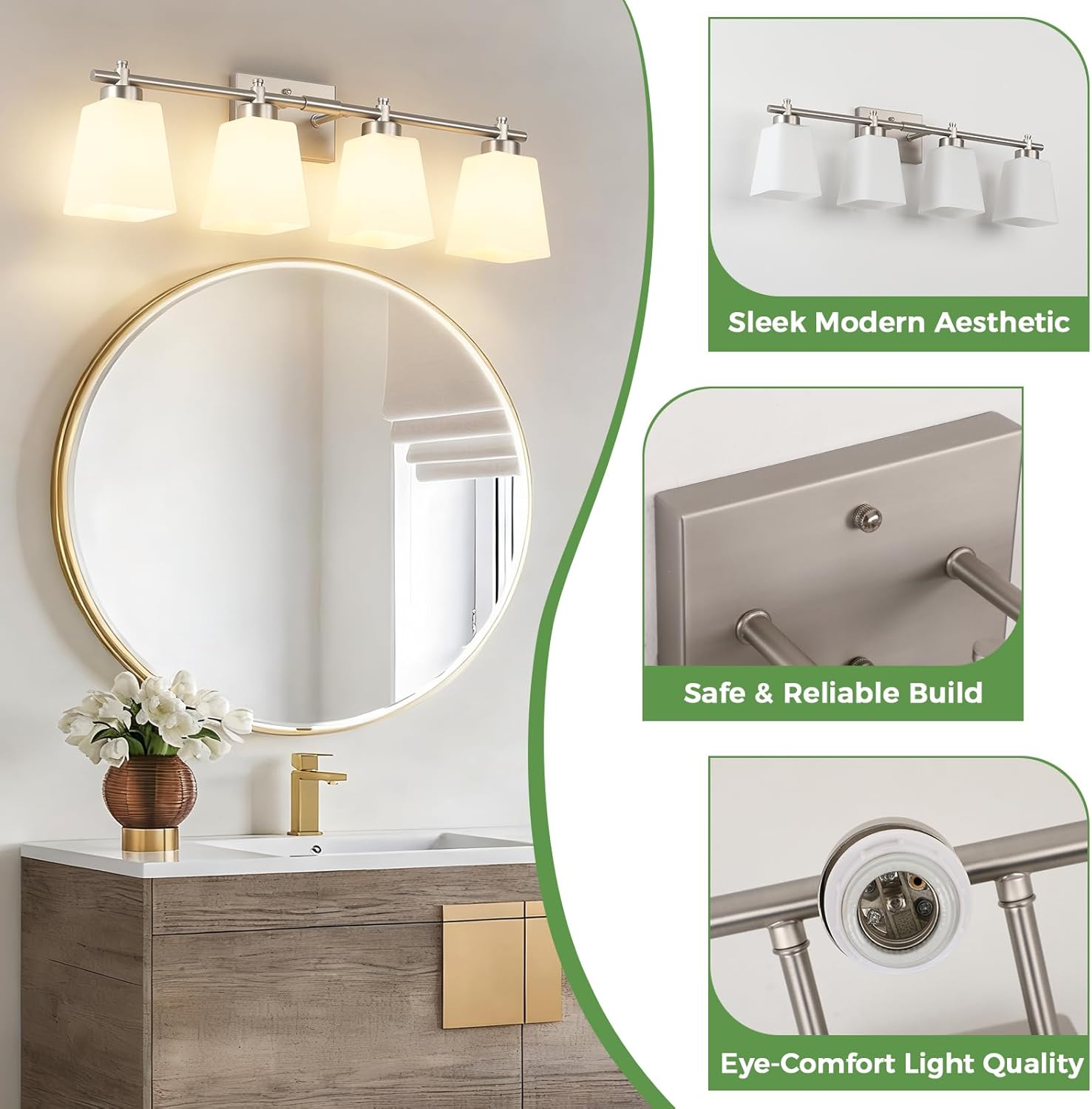 Bathroom Vanity Light, 4-Light 28 Inch Brushed Nickel Vanity Lights for Bathroom, Modern Wall Sconce Lighting Fixtures Over Mirror with Milk White Square Shades, E26 Base(Bulbs Not Included)