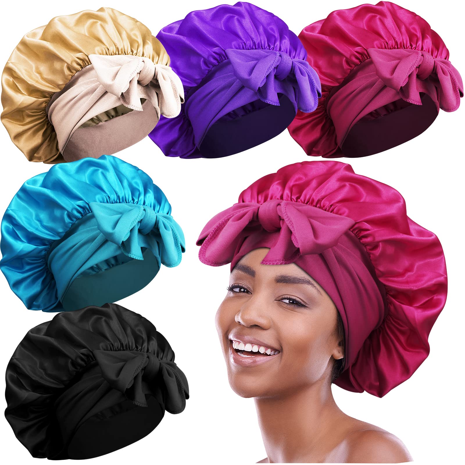 5pcs Satin Bonnets for Black Women, Large Bonnet with Tie Band, Jumbo Braids Bonnet, A