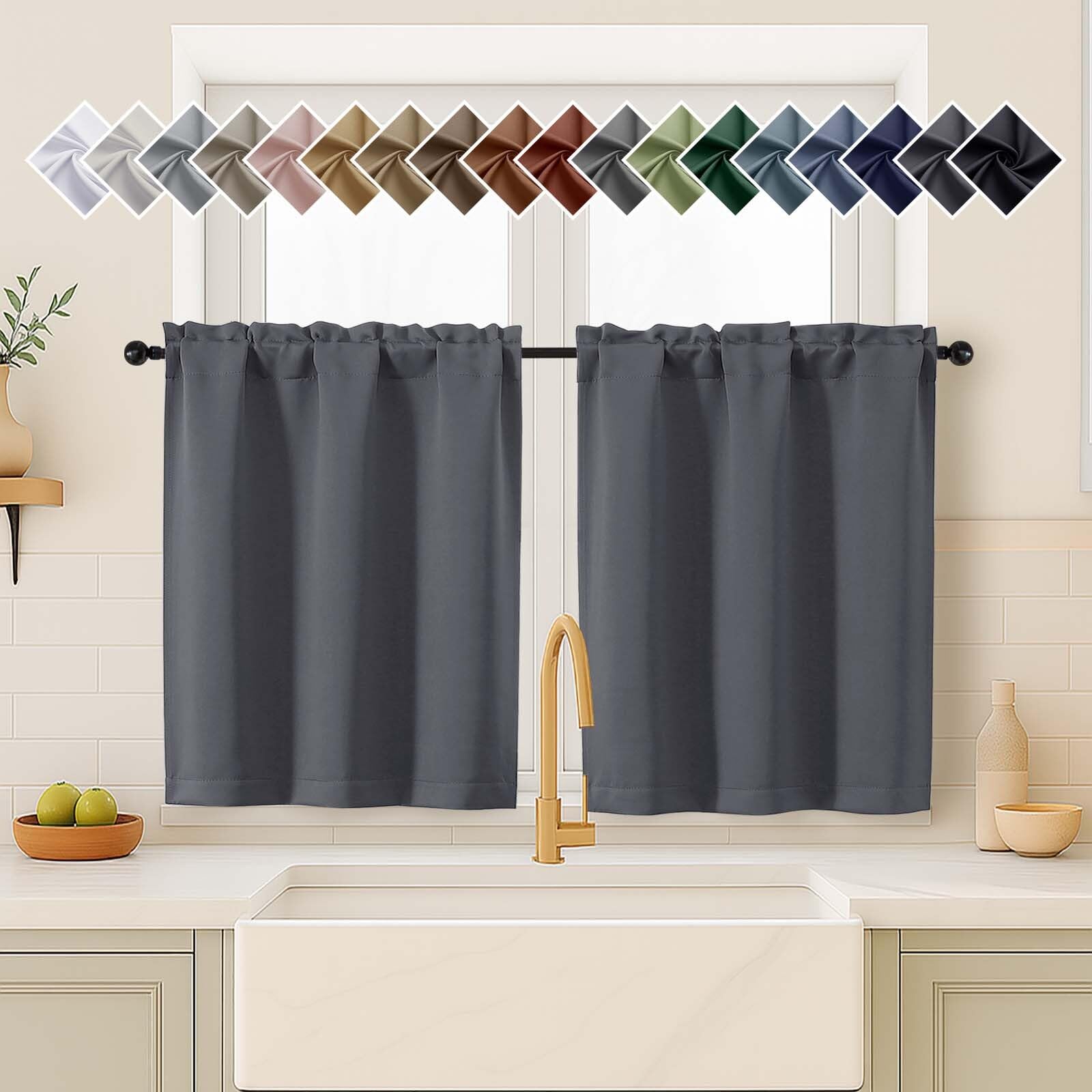 OVZME Charcoal Grey Blackout Curtains for Small Window Treatment, Light Blocking Short Kitchen Window Curtains Over Sink, Dual Rod Pocket Half Window Tiers for Bathroom Basement, Each 40"Wx36"L, 2 PCS