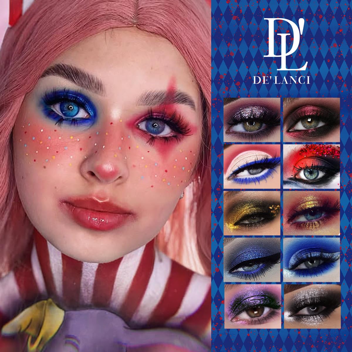 Paleta de sombras de ojos multicolor rojo y azul, sombra de ojos brillante plateada metálica de alto pigmento para maquillaje gótico, payaso/bromista ahumado, camaleón vegano de larga 6