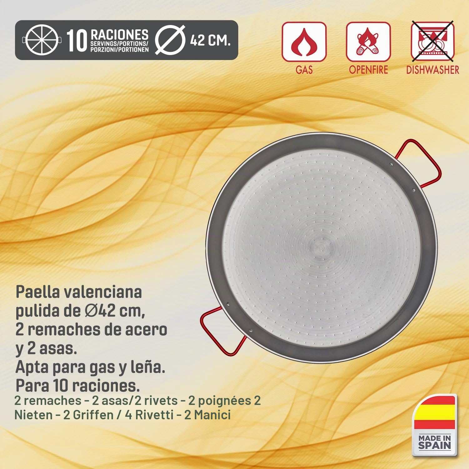 Bricolemar Set paellero 40cm con paellera 42cm, Soporte Reforzado, regulador, Manguera a Gas y Paravientos Kabra + Delantal Gratis