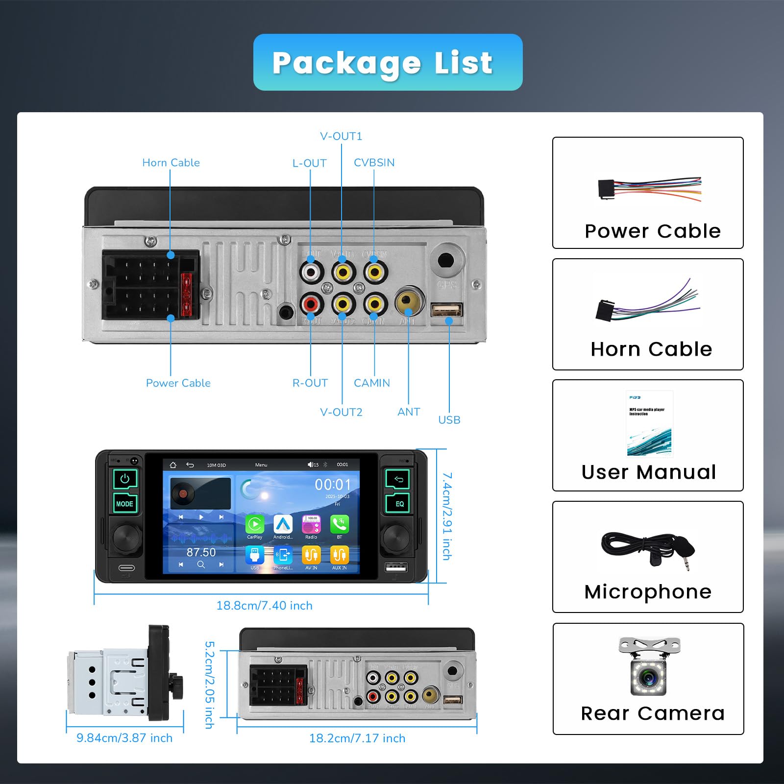Inefala Radio samochodowe 1 DIN z 5,1-calowym ekranem, bezprzewodowy Carplay, Android Auto, Bluetooth, Mirror Link, radio FM, USB Type-C, tylna kamera, mikrofon