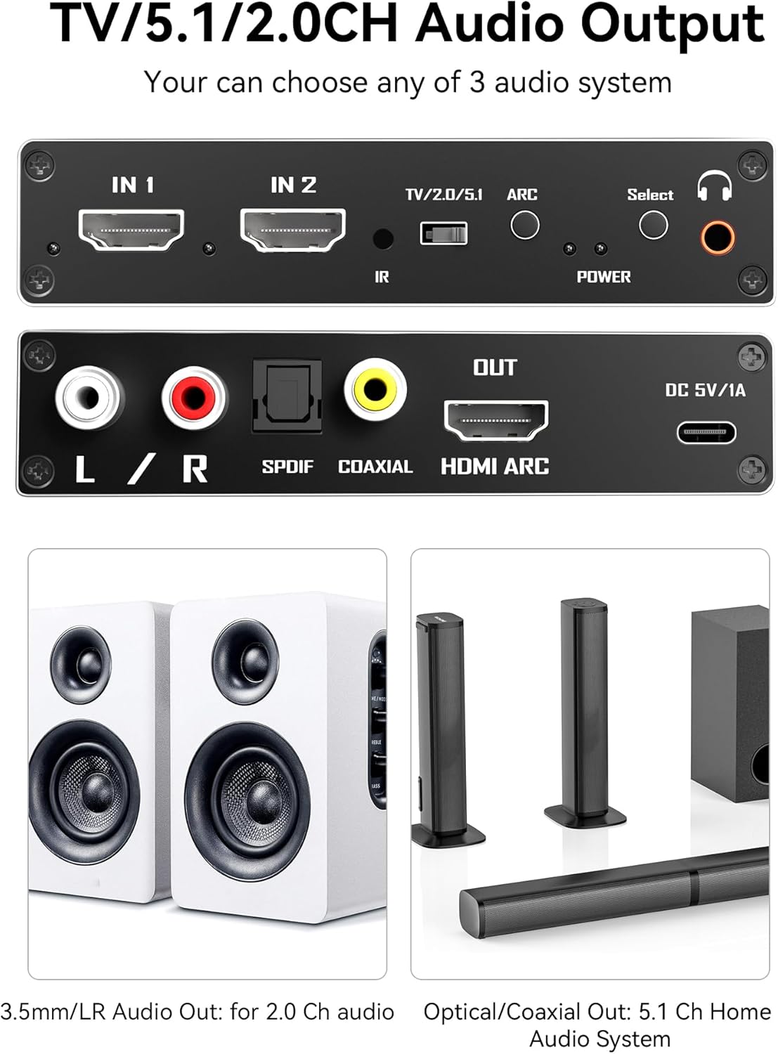 HDMI Switch eARC Audio Extractor, 4K@60hz HDMI Audio Splitter with Remote, Support 7.1 Channel Audio/Optical Toslink SPDIF/Coaxial Converter HDR (Black)