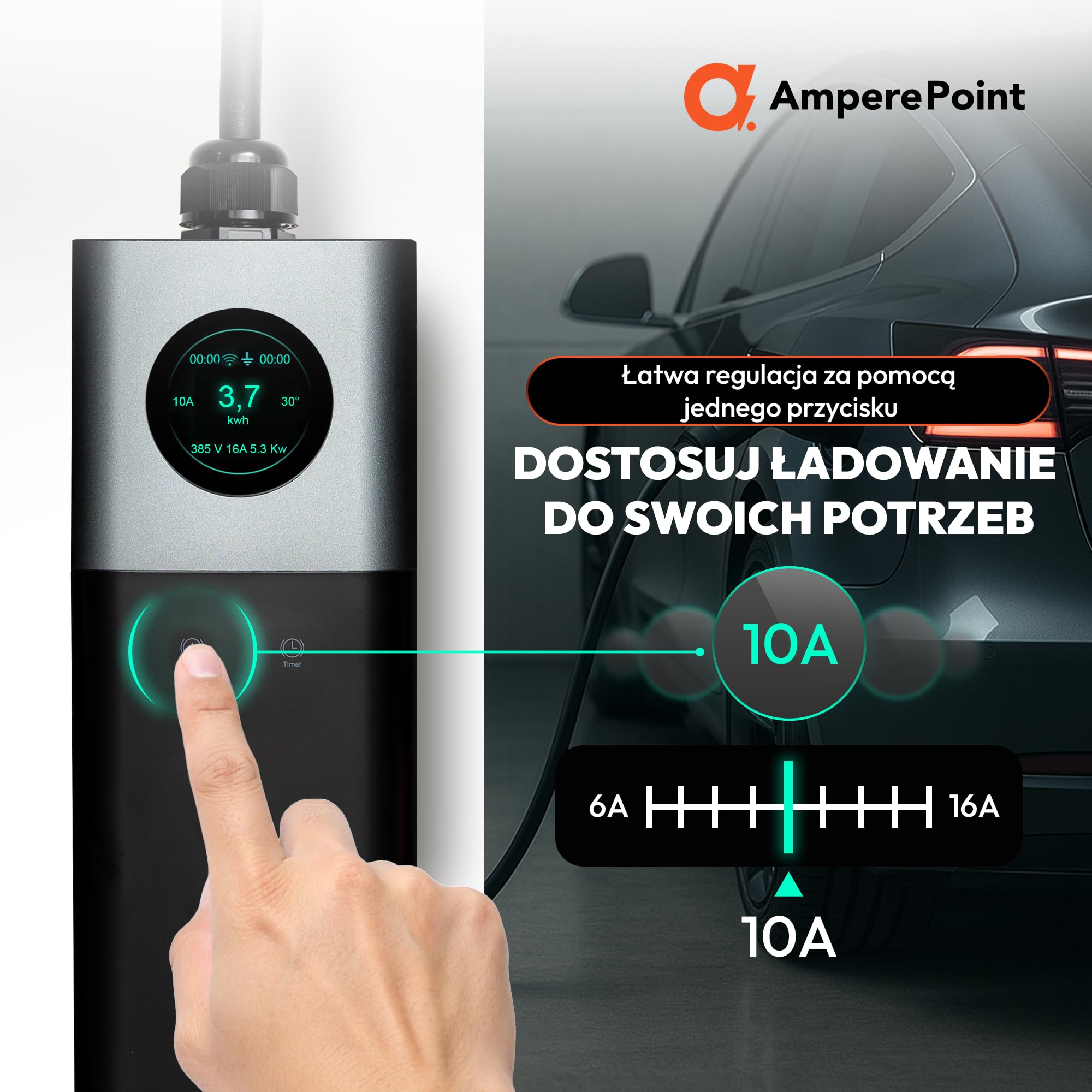 Przenośna ładowarka EV 3,7 kW 16 A typ 2 kabel 7,5 m Schuko 230 V Wi-Fi LCD
