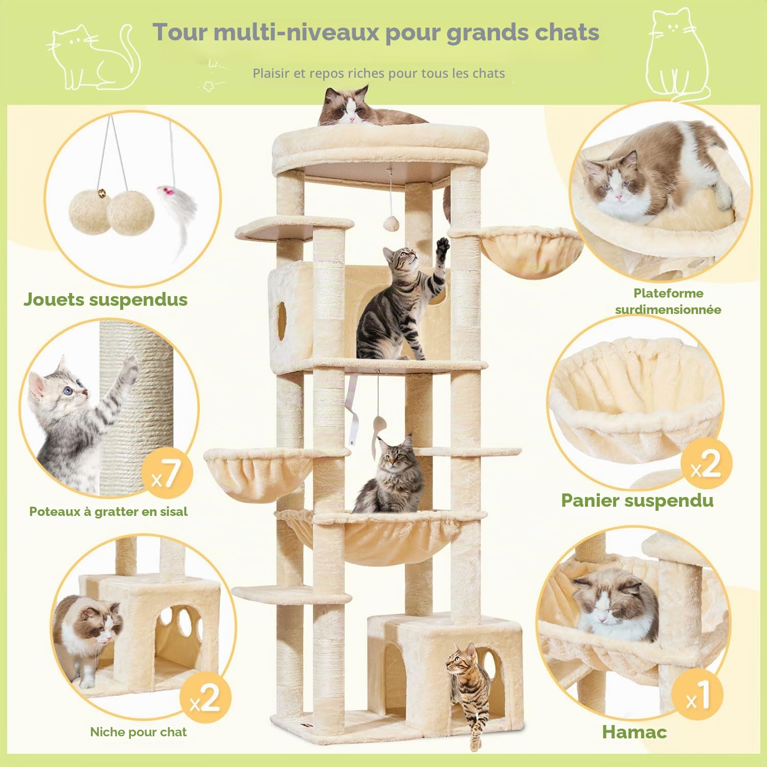 Taoqimiao Arbre À Chat Stable 183 cm, Plateformes Grandes avec Coussins | Tour de Jeux pour Chats spécifique Pour Les Maine Coon, 2 Niches, Hamac, 2 Paniers, 7 Griffoir Sisal, F20M Beige