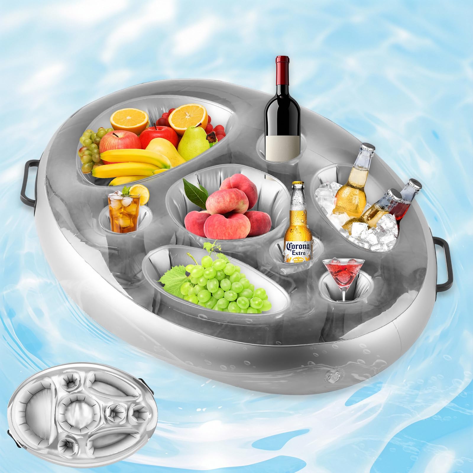 Posavasos Flotante Bebidas Bocadillos Piscina 2 en 1,Portavasos Servidor Buffet Inflable 8 Agujeros,Soporte Bandeja Hinchable Gran Capacidad,Titular SPA Piscinapara Verano,Mesa Fiesta Frutas Bar Playa