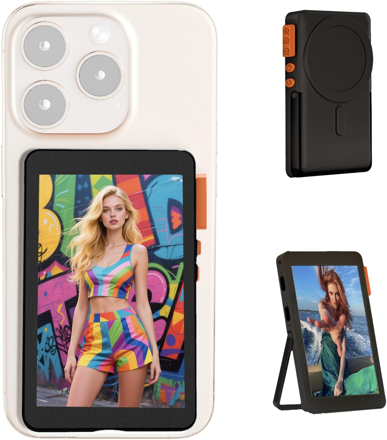 Magnetic Selfie Monitor Screen with Focus & Sound - Vlog Selfie Monitor with 2300mAh Battery, No Overheating, Lag-Free Connection & Built-in Stand for iPhone & Android (Black)