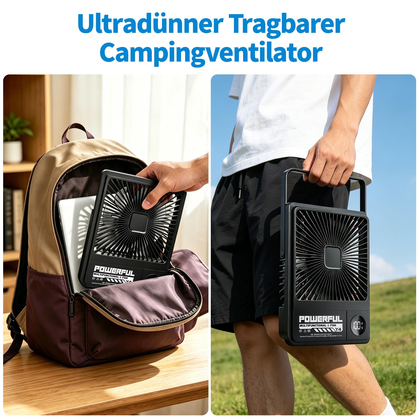 Ventilatore da Campeggio Ultrasottile da 10000 mAh, Ventilatore da Tavolo da 8", Dotato di Batteria, Supporto e Schermo Multifunzionali, Durata Della Batteria Fino a 24 ore, Adatto per Viaggi, Ufficio