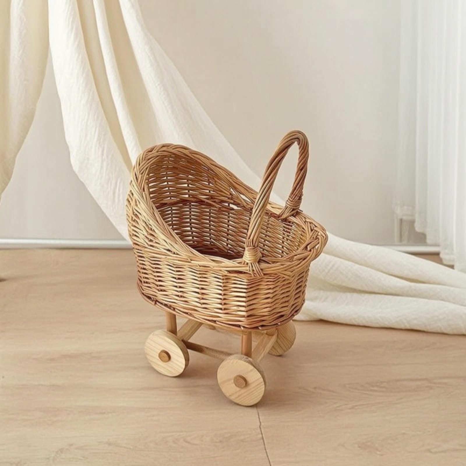 Infant Basket Cart Carrello Cestino Carrozzina con Manico Curvo Ruote Rotonde E Look per Neonati E Adatto a Cameretta Servizi Fotografici Decorazione Domestica, Grande