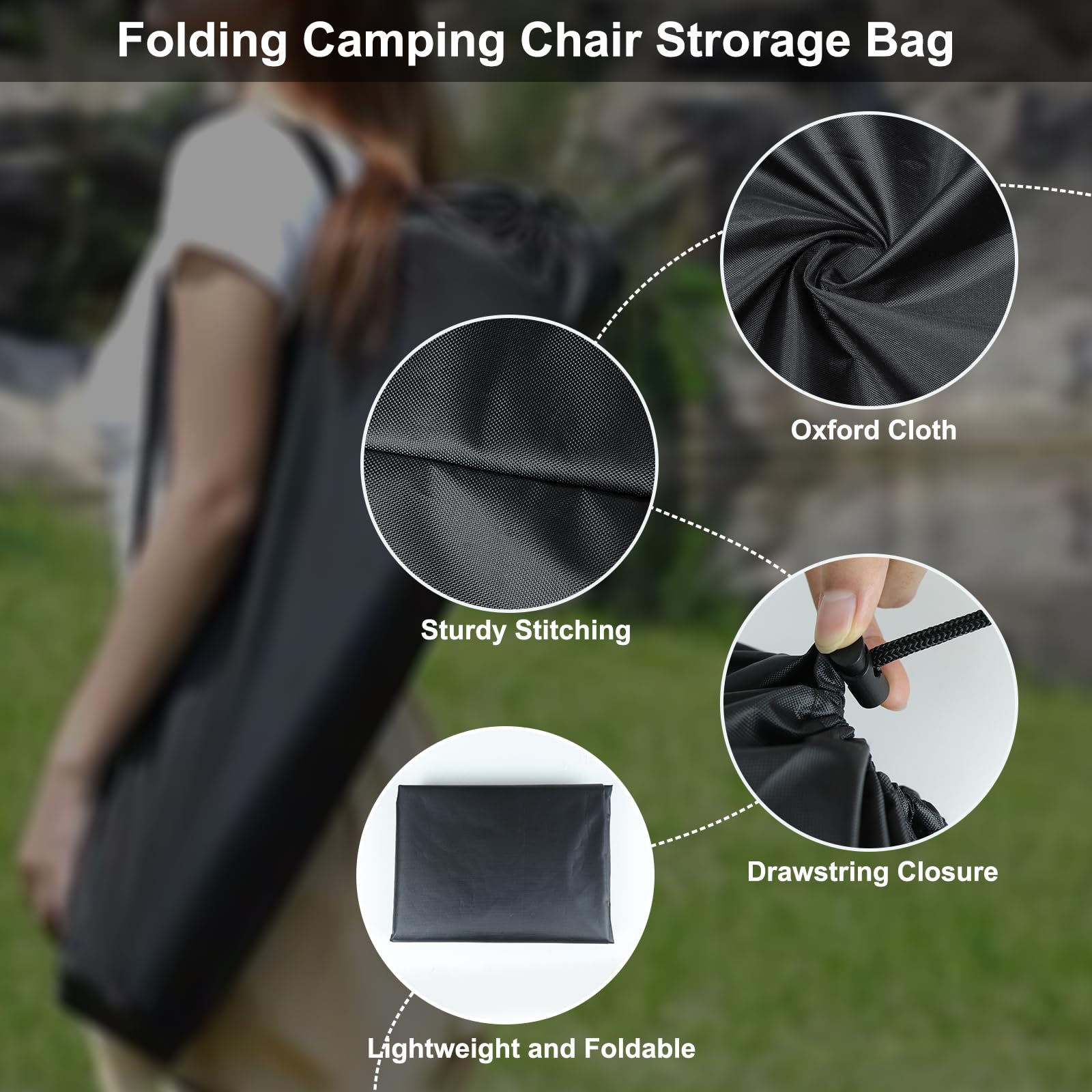 Riuog Camp Chair Replacement Bag, 35 x 7in Protective Carrying Chair Bag with Drawstring Strap for Foldable Chair, Folding Lawn Chair, GCI Rocker Chair, Tent Pole, Black (Black)