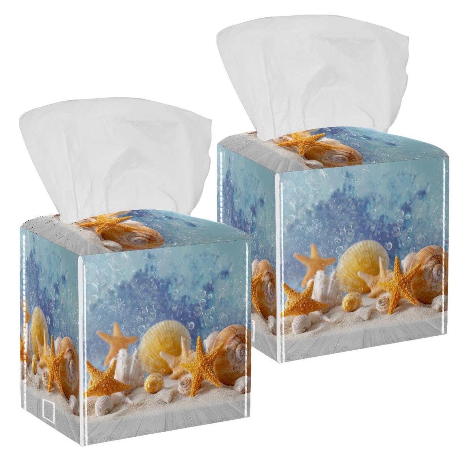 Seashells and Bubbles Tissue Box Cover, 2 Pack PU Leather Square Facial Tissue Dispenser Box holder for Home Office Car